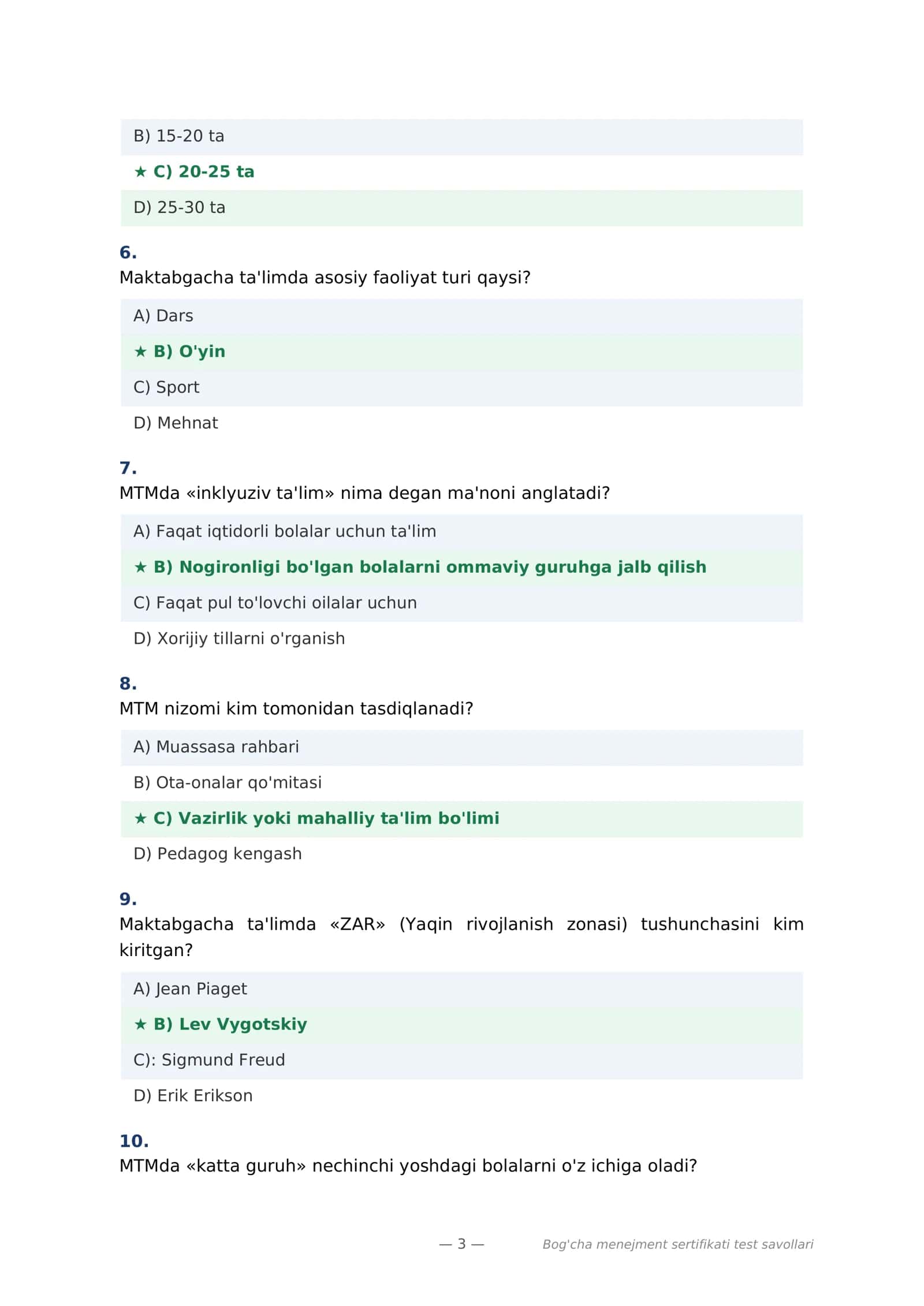 Bog'cha Menejment Sertifikati Test Savollari 3