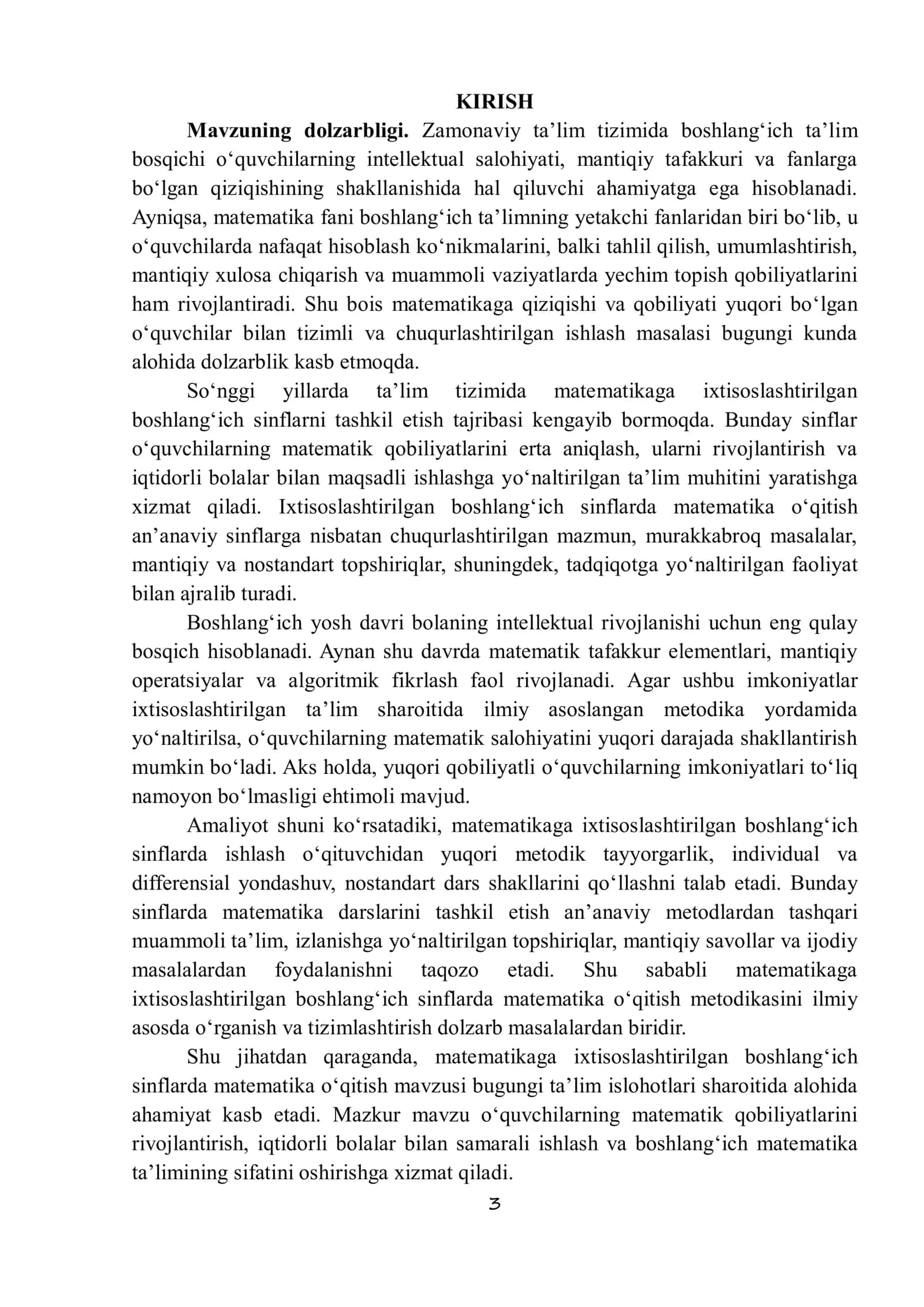 MATEMATIKAGA IXTISOSLASHTIRILGAN BOSHLANG‘ICH SINFLARDA MATEMATIKA O‘QITISH METODIKASI 3