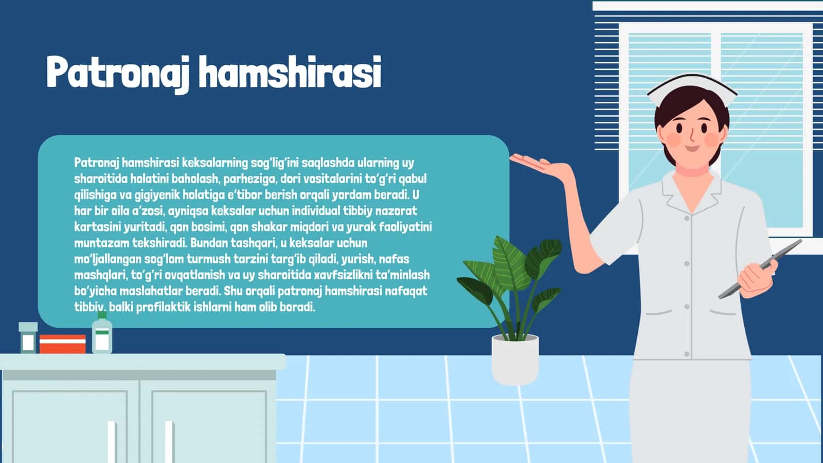 Oiladagi katta yoshdagi axoli va qariyalar salomatligini himoya qilishda patronaj xamshirasi O'rni 3