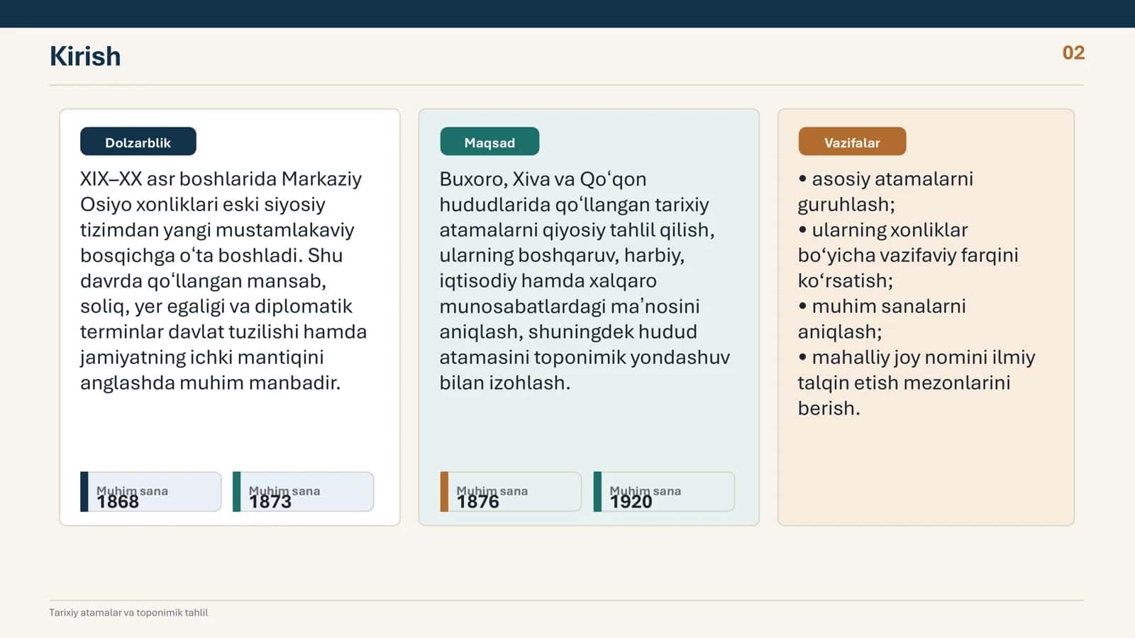 XIX-XX-asrlarda BUXORO XIVA hamda QOʻQON xonliklarida tarixiy atamalar, siz istiqomat qilayotgan hudud atmasi mavzusida Mustaqil ish 3