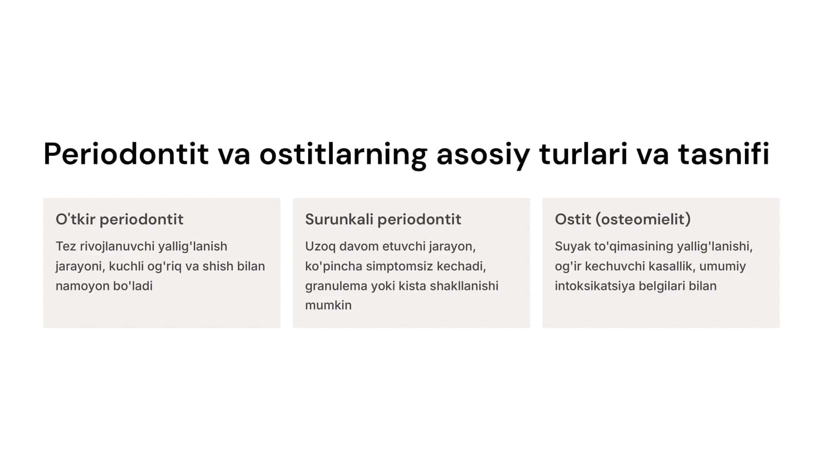 Periodontitlar va ostitlarni tashxislash natijalariga asoslangan holda xirurgik davolash usullariga ko’rsatma va qarshi ko’rsatmalar. Tish saqlovchi operatsiyalar (tish ildizi uchi rezeksiyasi, ildiz amputasiyasi, gemiseksiya, replantasiya) 3