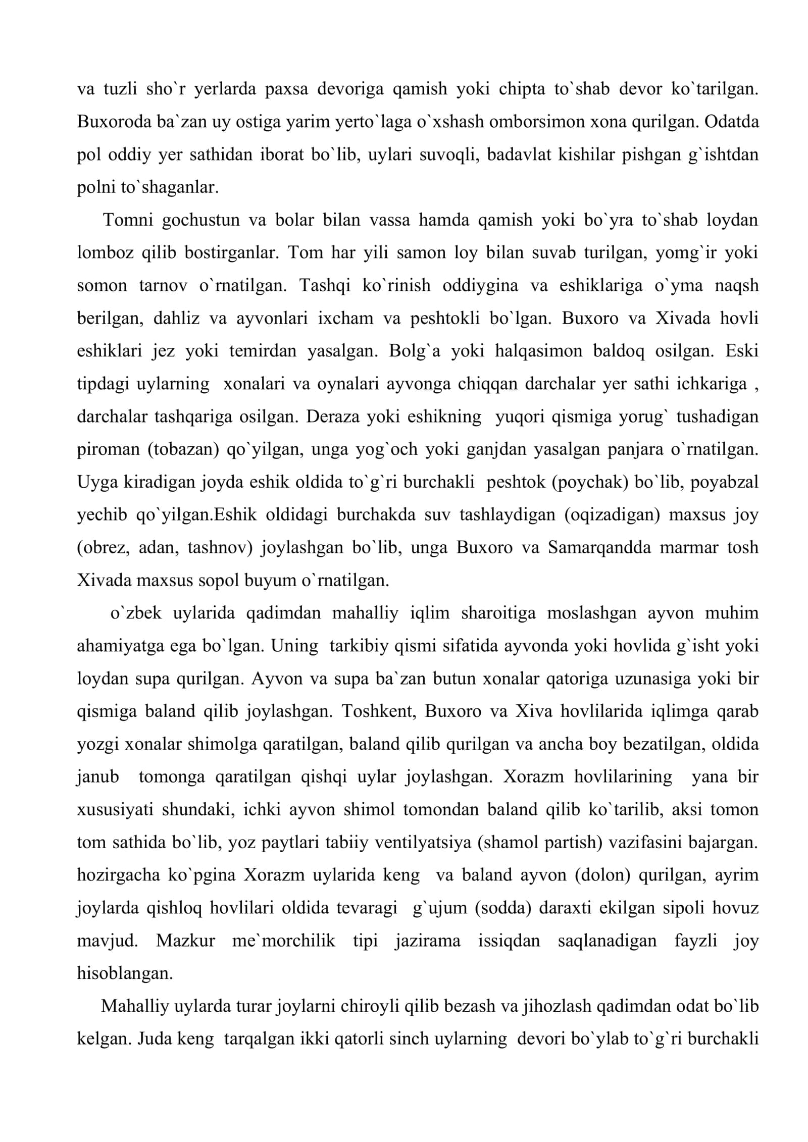 O`zbeklarning moddiy madaniyati. Uy-joylari va ularning jihozlanishi. Do`ppining tarixi. Xalq teatri va milliy raqslar 3