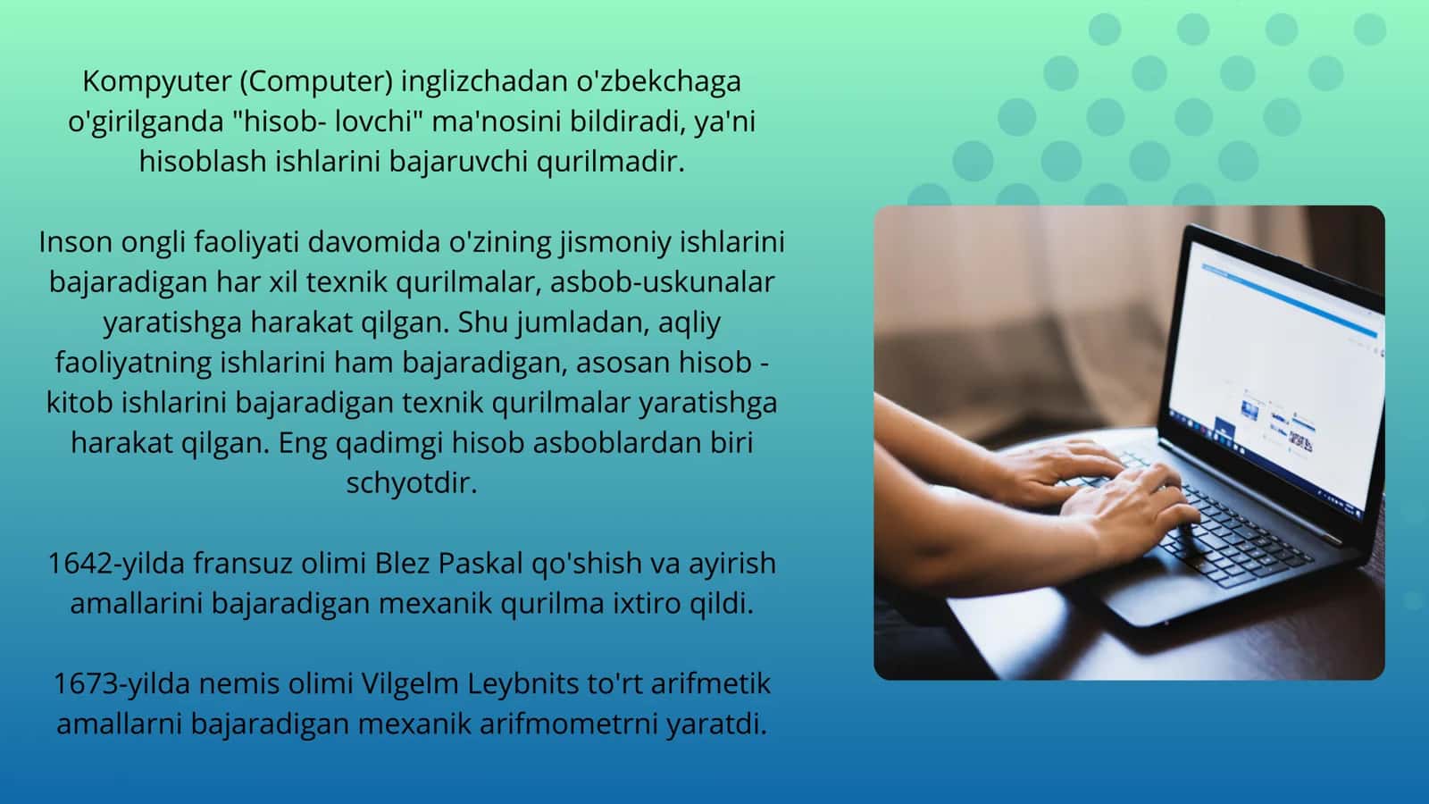 Kompyuter turlari va ularning vazifalari. Kompyuterlarning asosiy va qo'shimcha qurilmalari. Klaviatura qurilmasi. Tugmachalar guruhlari va vazifasi. Xotira qurilmalari. Monitor va sichqoncha qurilmalarining turlari va vazifalari. Tibbiy ta'limda va tibbiyotda kompyuterning qo‘shimcha qurilmalarining qo‘llanilishi va tadbiq etilishi. Printerning turlari. Skaner turlari. 3