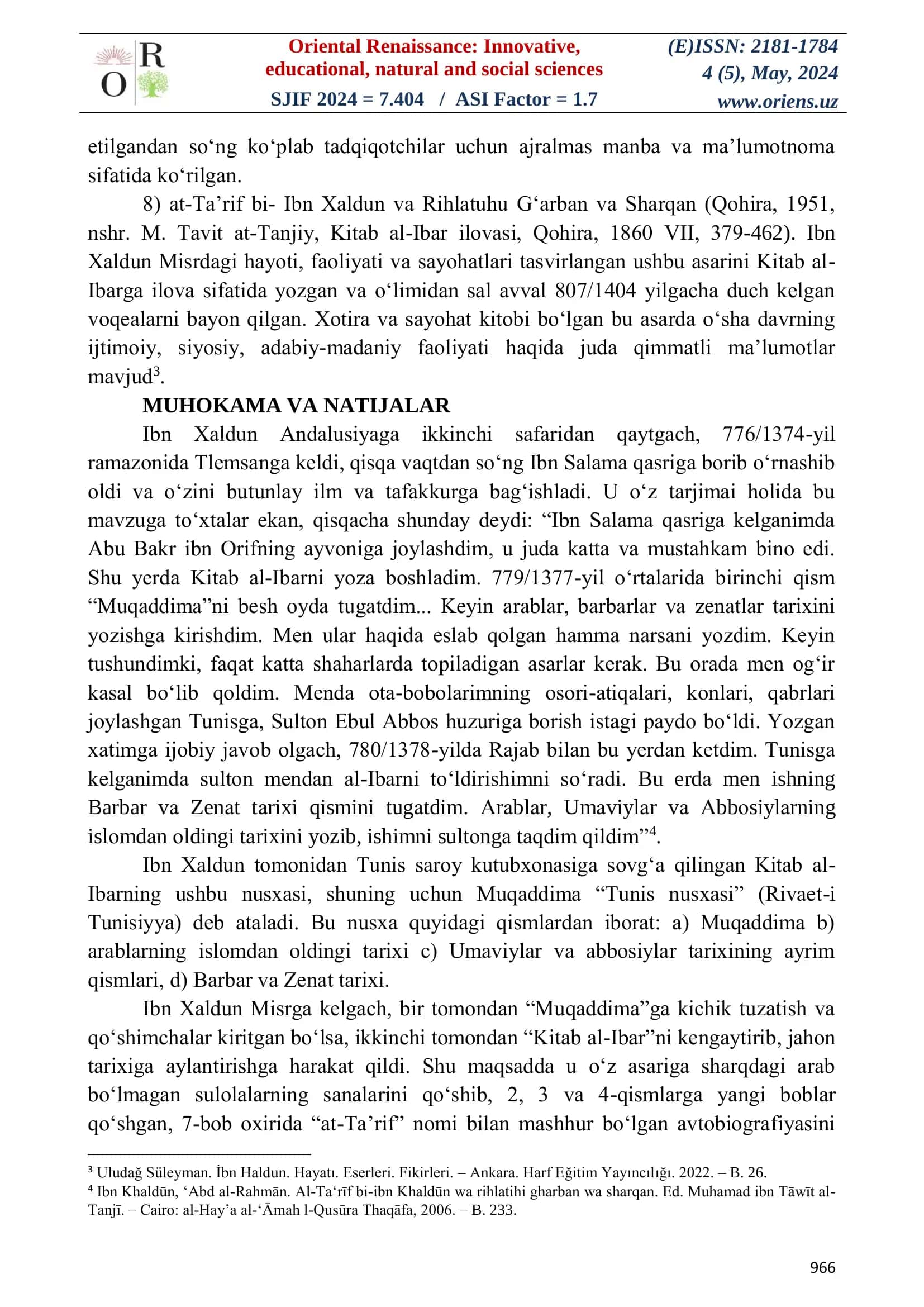 Abu Zayd Abdurahmon ibn Xaldun ijtimoiy ta'limotining asosiy manbalariga doir ma'lumotlar tahlili 3
