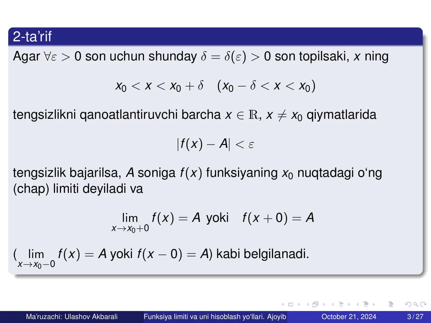 Funksiya limiti va uni hisoblash yo‘llari. Ajoyib limitlar. Hosila. Hosilalar jadvali. Hosilaning mexanik va geometrik ma’nosi 3