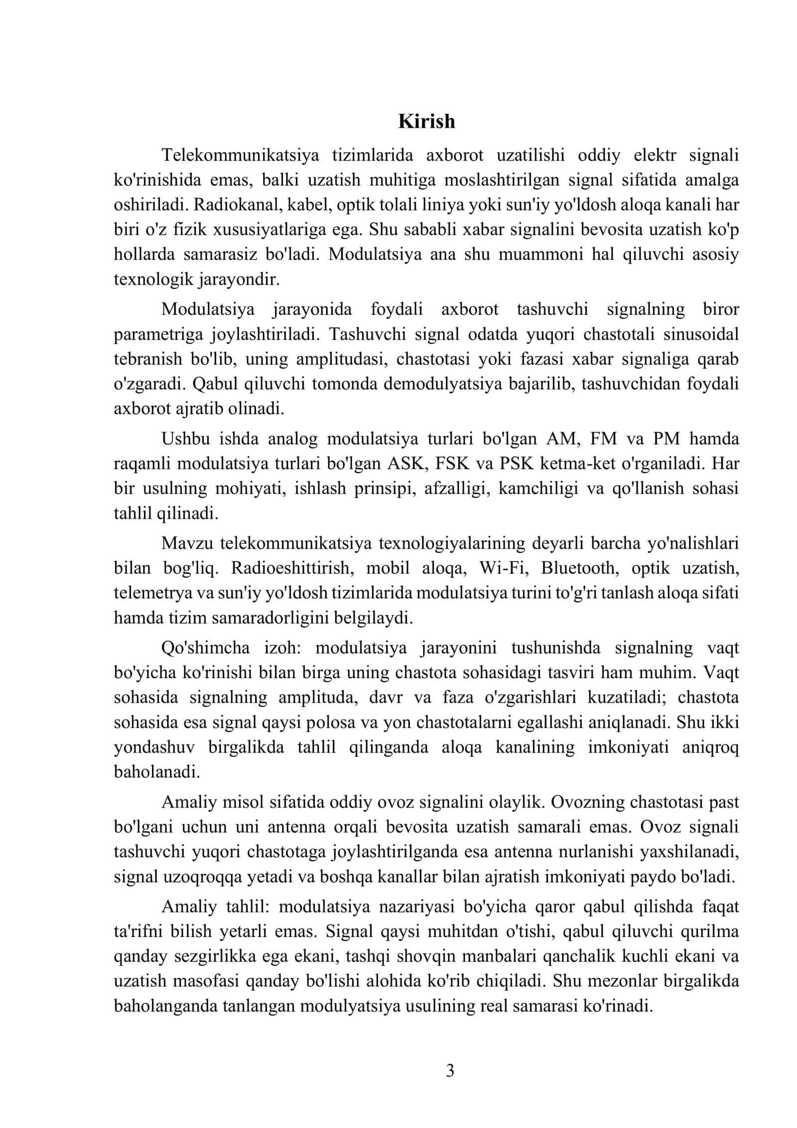 Modulatsiya turlari: AM, FM, PM, ASK, FSK, PSK 3