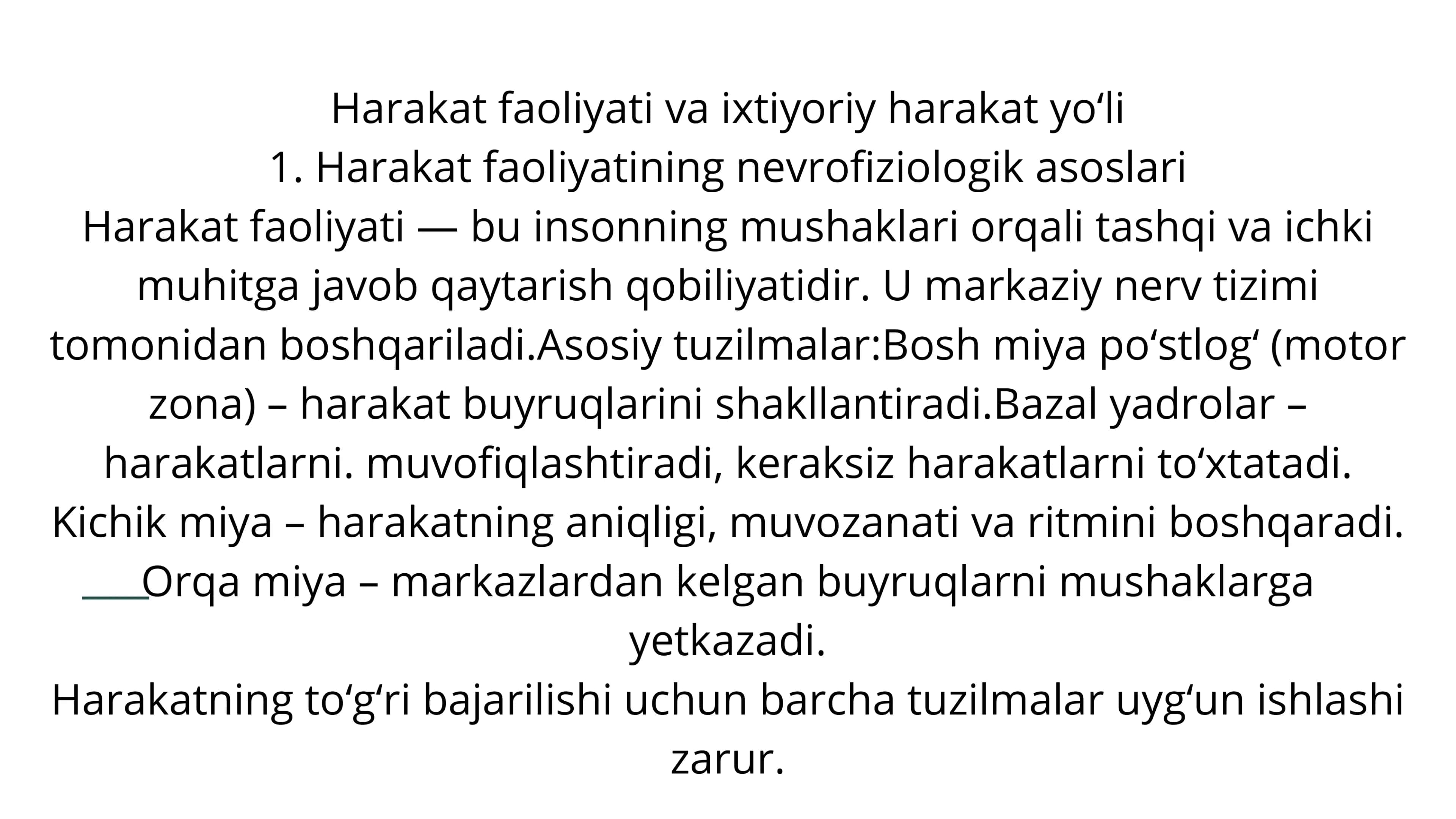 Xarakat faoliyati.Ixtiyoriy harakat yòli.Markaziy va periferik falajlar belgisi.Sezgi analizatori.Sezgi faoliyatining tekshirish usullari 3