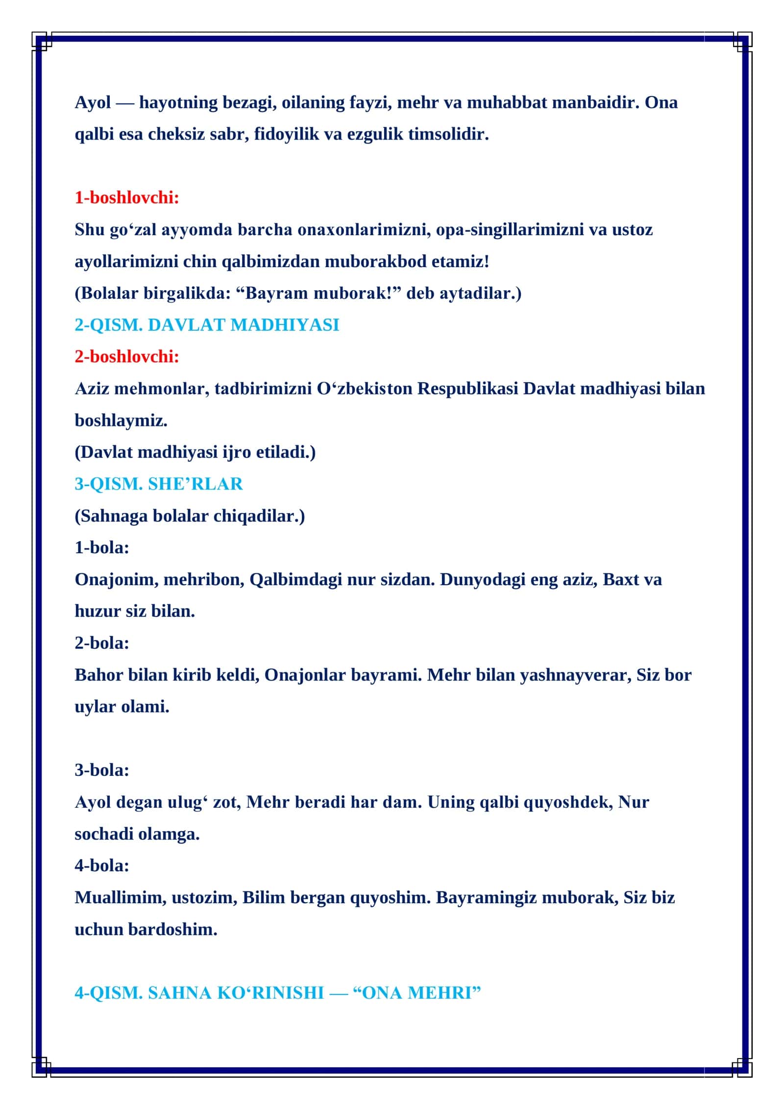 “AYOL — MEHR VA MURUVVAT TIMSOLI” mavzusiga ssenariy 8-mart uchun 3
