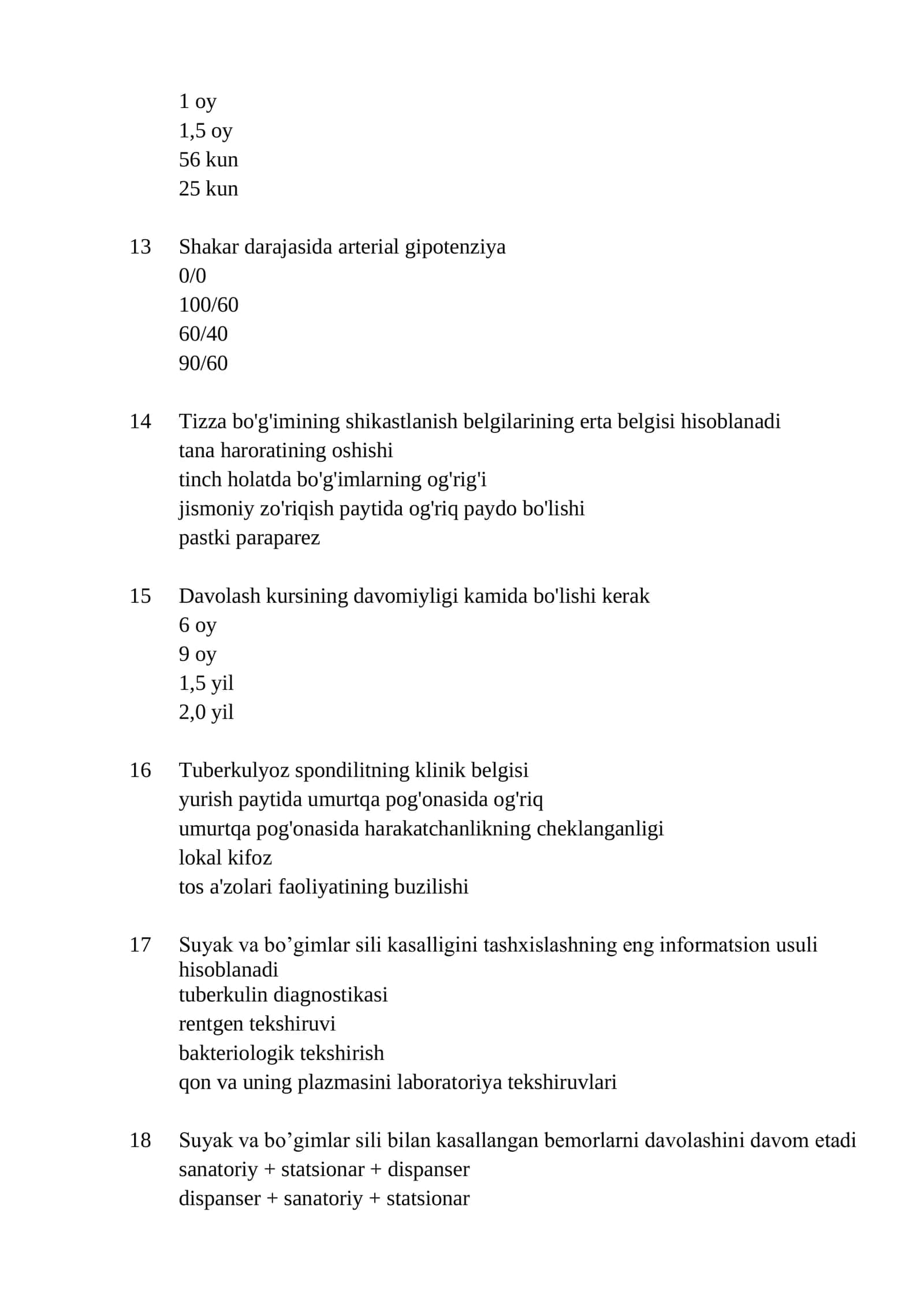 Suyak tizimi ftiziatriyasi mutaxassisligi bo'yicha shakllantirilgan test savollari ro'yxati 2026 3