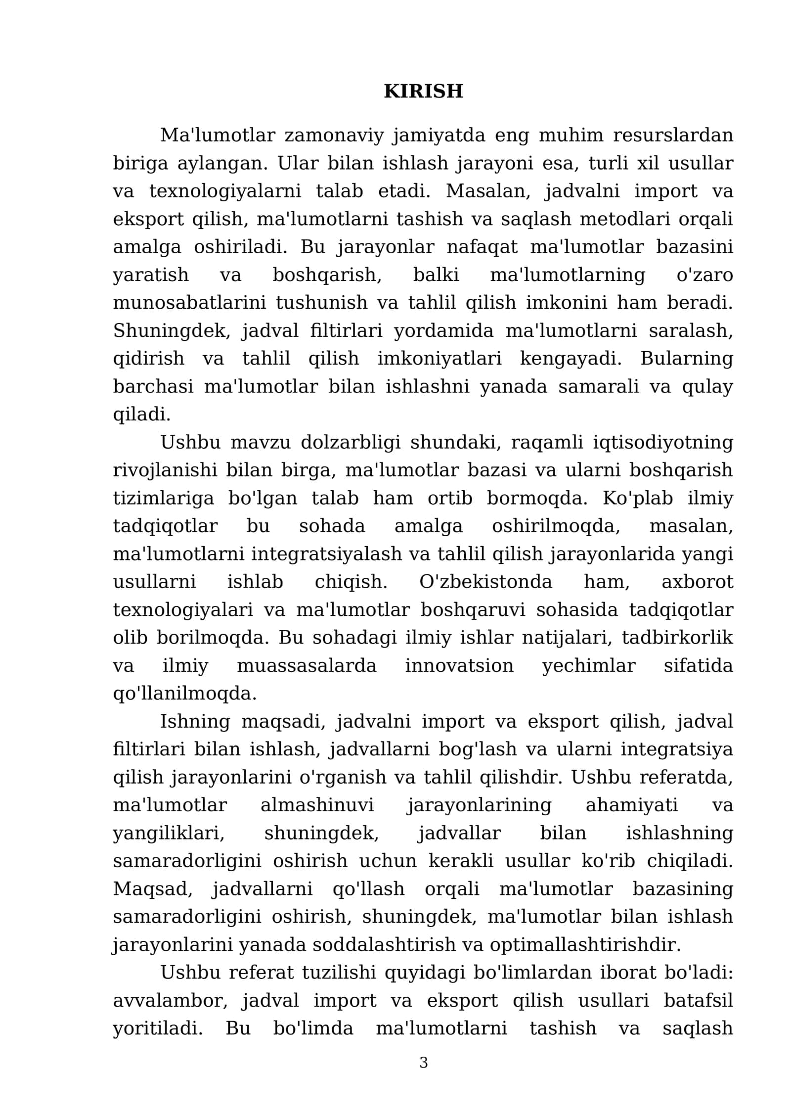 Jadvalni import va eksport qilish. Jadval filtiri bilan ishlash. Jadvallar bilan ishlash. Jadvallarni bog'lash va ular bilan ishlash 3