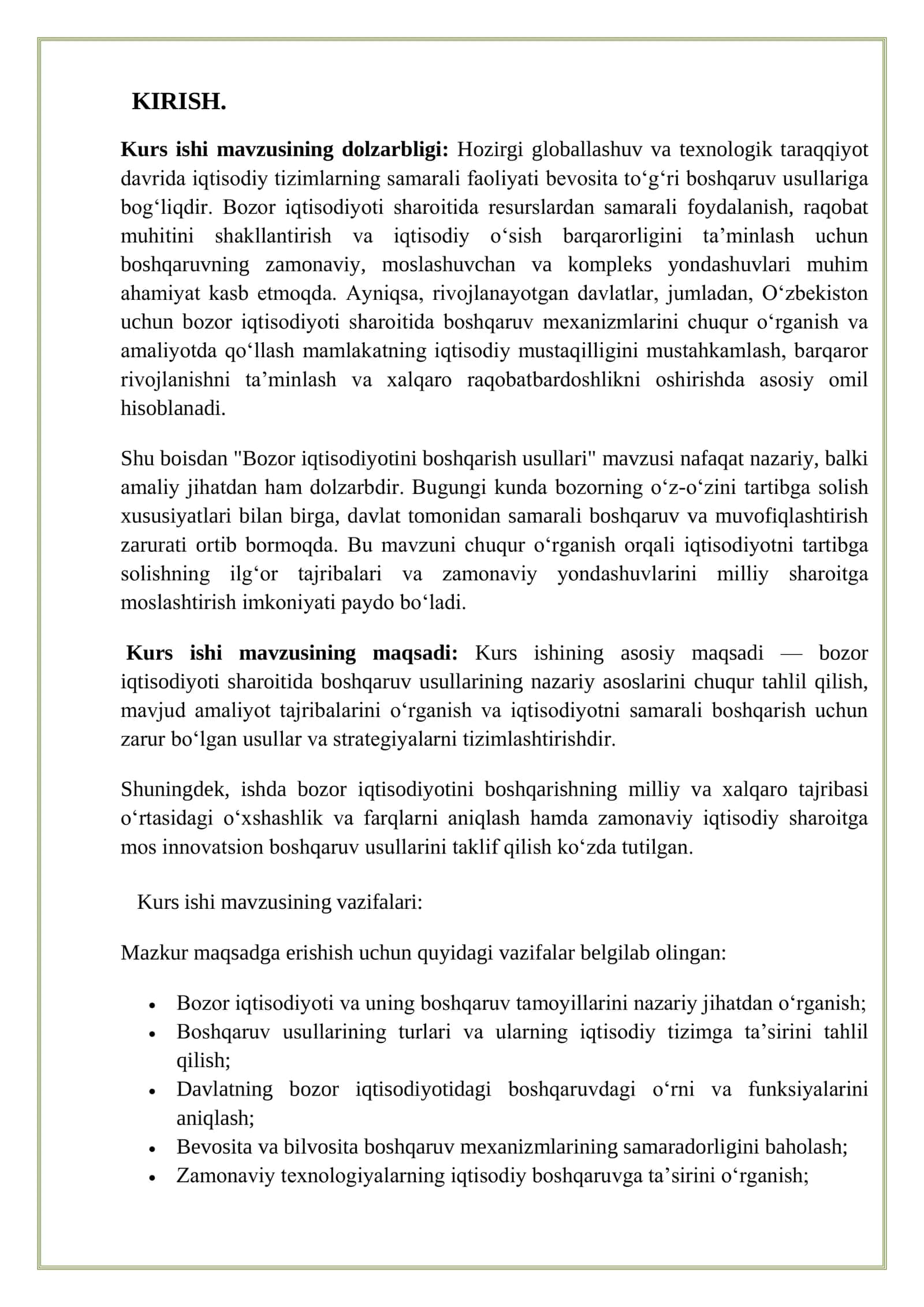 MAVZU: Bozor iqtisodiyotini boshqarish usullari MIKROIQTISODIYOT FANIDAN KURS ISHI 3