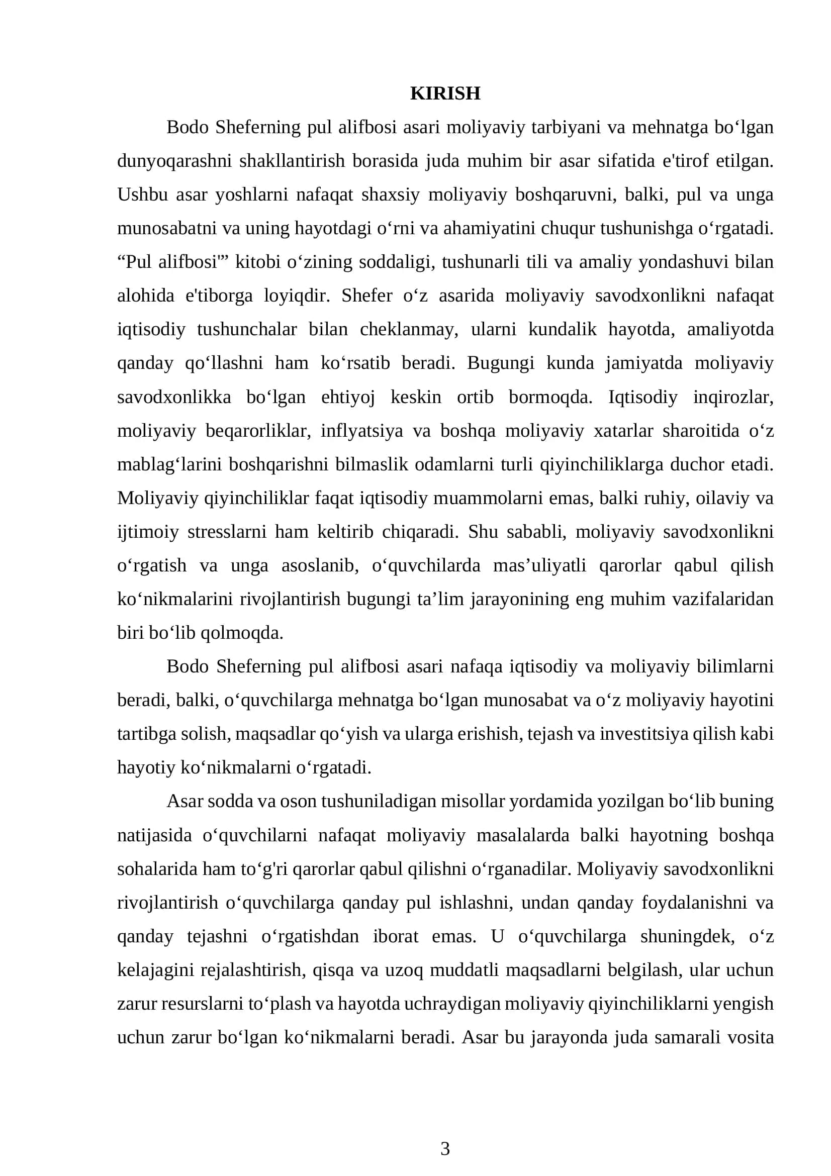 Bodo Sheferning “Pul alifbosi” asaridagi moliyaviy tarbiyaning 3