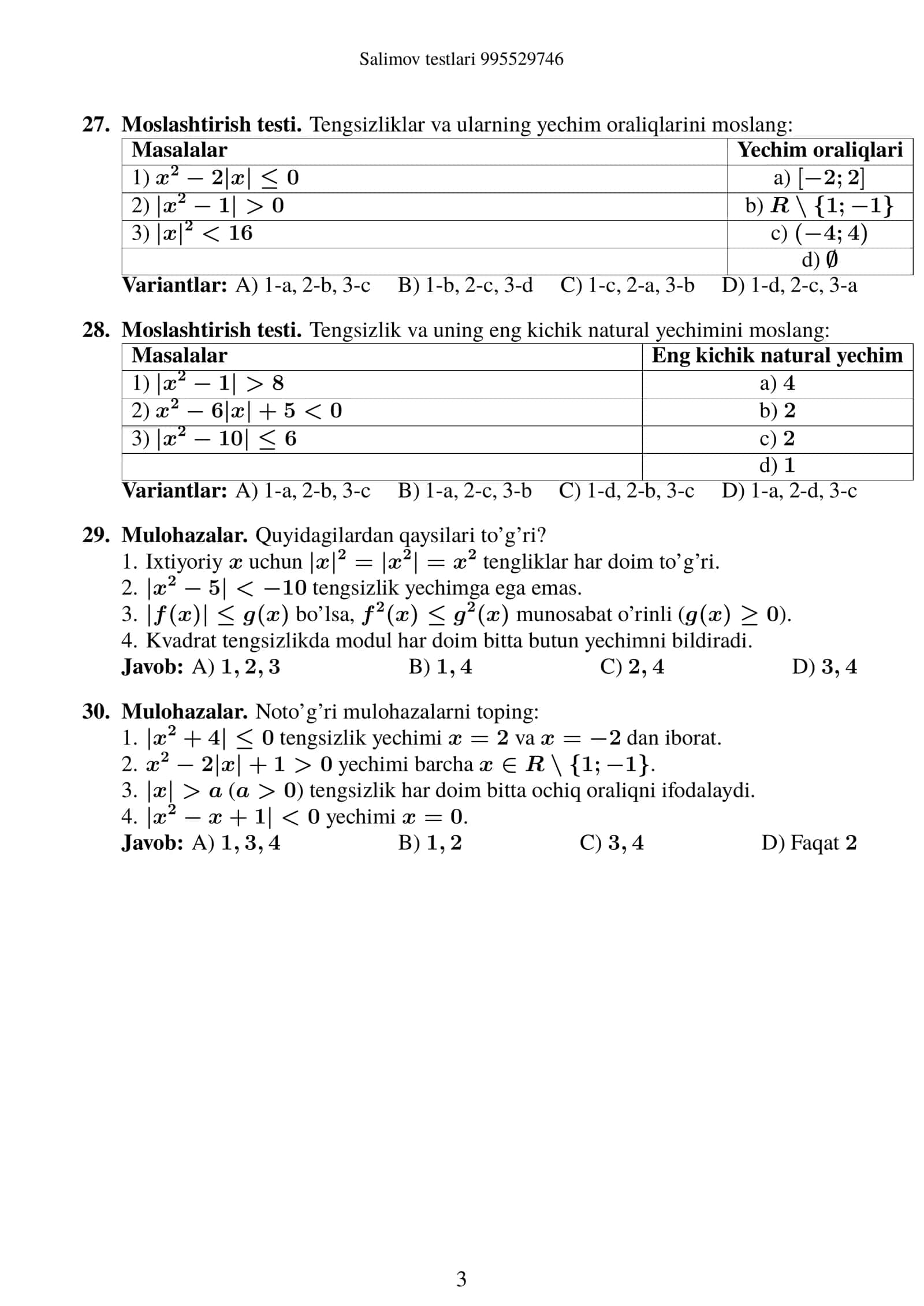 Algebra: Nazorat Testi (8-sinf) – 1-Variant 3