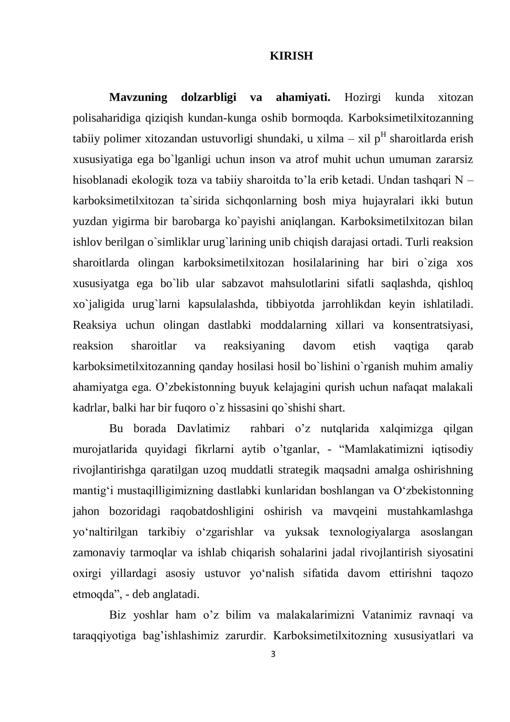 "KARBOKSI METIL XITOZANNI MOLEKULYAR MASSAVIY TASNIFINI O`RGANISH" MAVZUIDAGI BITIRUV MALAKAVIY ISH 3