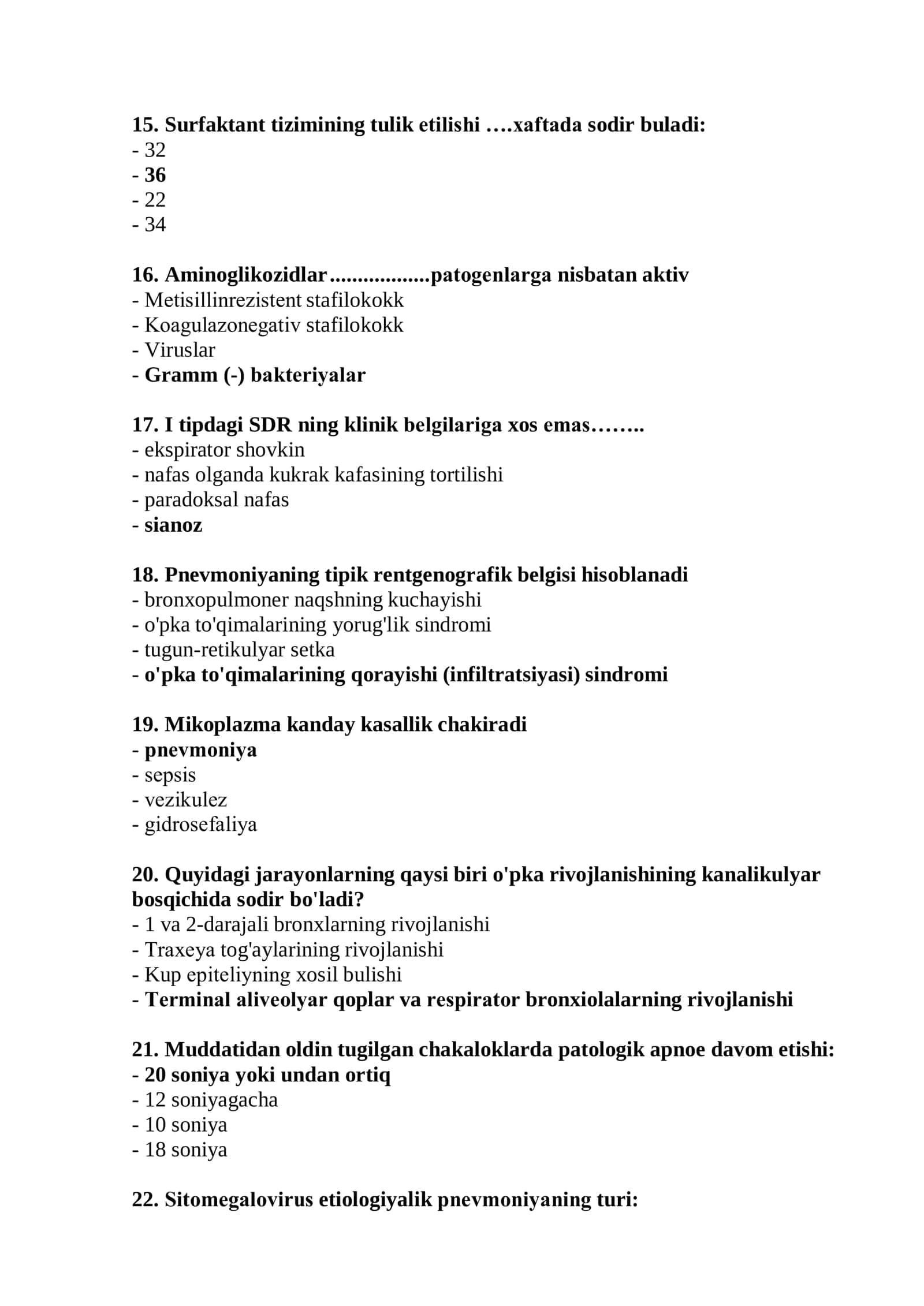 Neonatologiya mutaxassisligi bo'yicha shakllantirilgan test savollari ro'yxati 3
