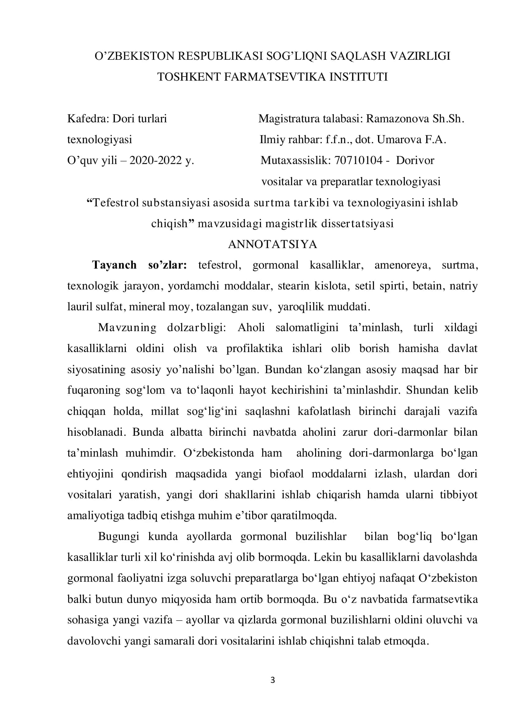 Tefestrol Substansiyasi Asosida Surtma Tarkibi va Texnologiyasini Ishlab Chiqish 3