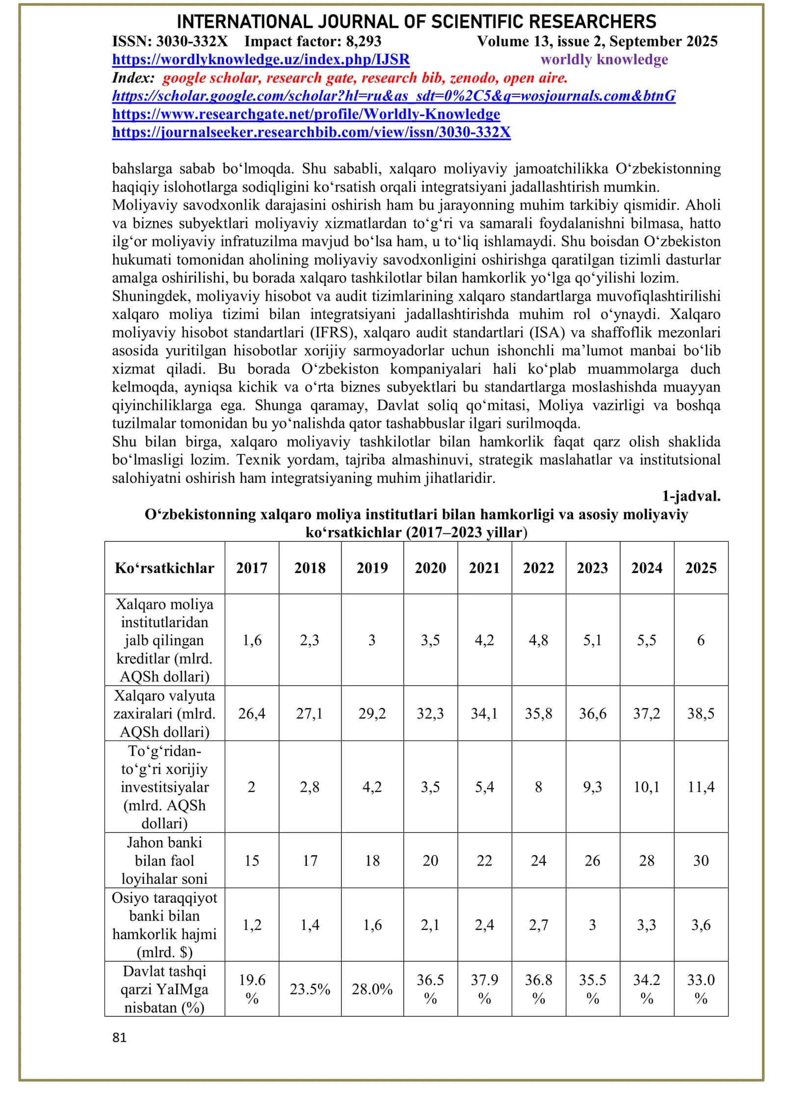 O‘ZBEKISTONNING XALQARO MOLIYA TIZIMIGA INTEGRATSIYALASHUVINI JADALLASHTIRISH IMKONIYATLARI 3