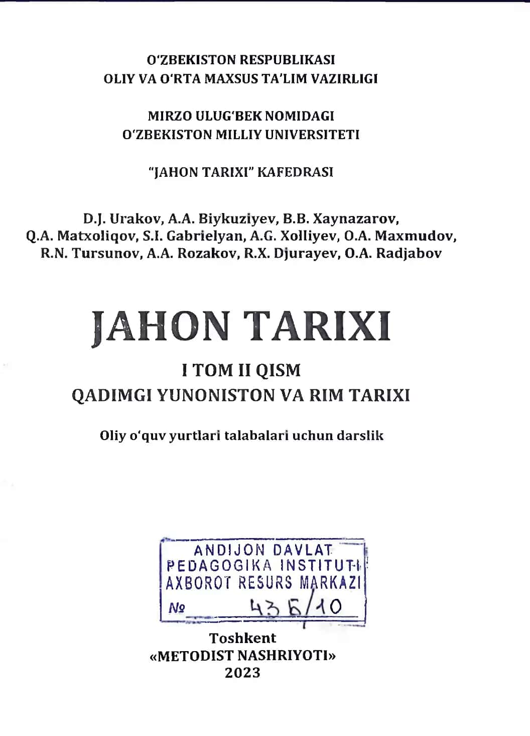 JAHON TARIXI  I tom II qism. Qadimgi Yunoniston va Rim tarixi 3