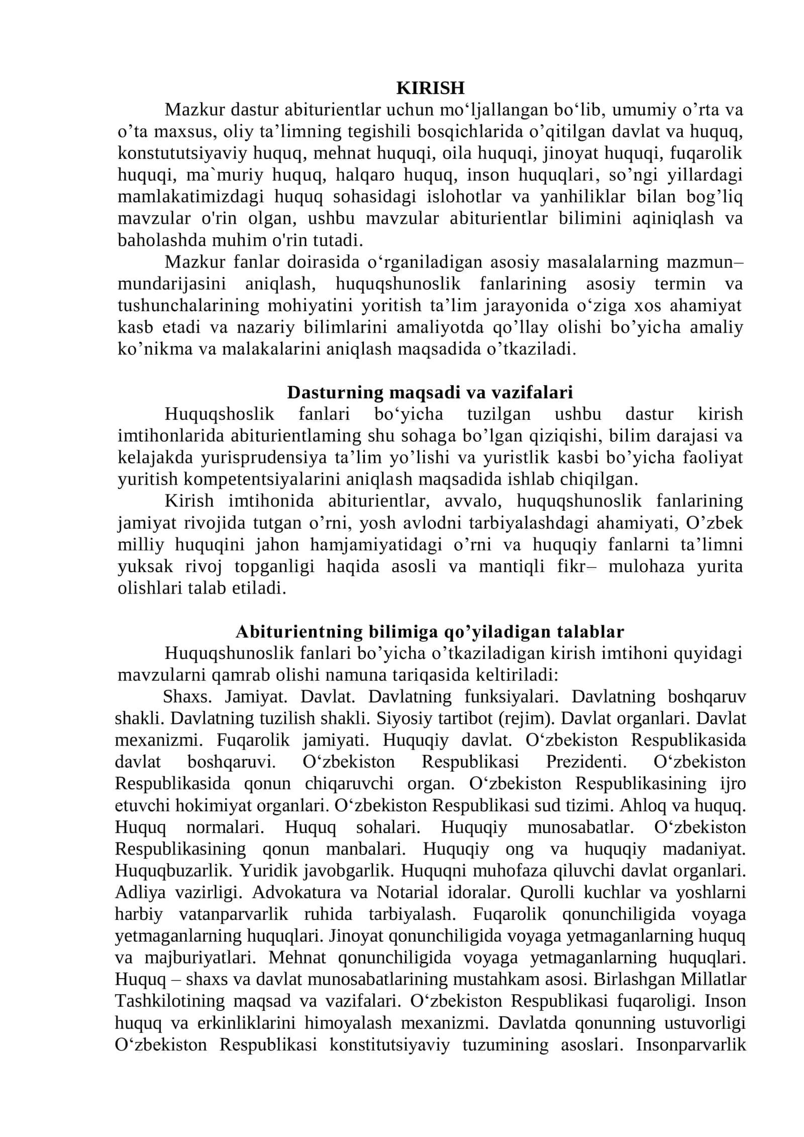 Huquqshunoslik fanlari bo'yicha tuzilgan ushbu dastur 3