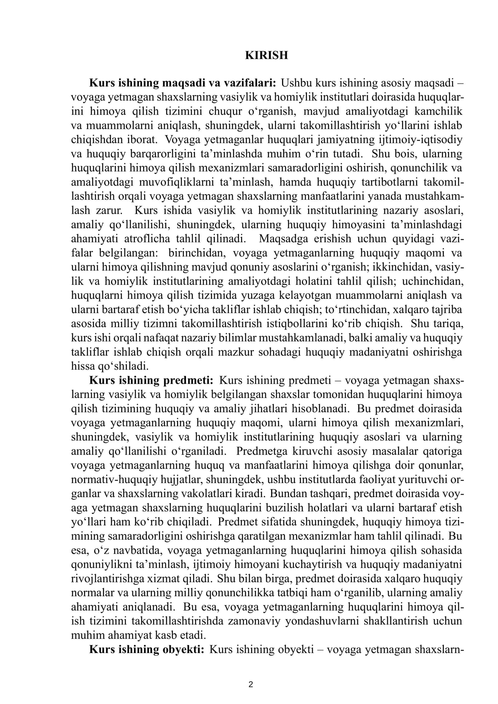 Kurs Ishi: Voyaga yetmagan vasiylik va homiylik belgilangan shaxslarning huquqlarini himoya qilish tizimini takomillashtirish 3