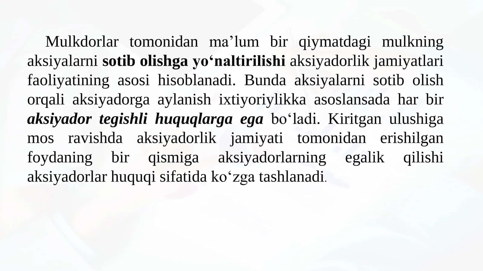 XO‘JALIK JAMIYATLARIDA AKSIYADOR VA ISHTIROKCHILARNING KORPORATIV HUQUQLARI VA MAJBURIYATLARI 3