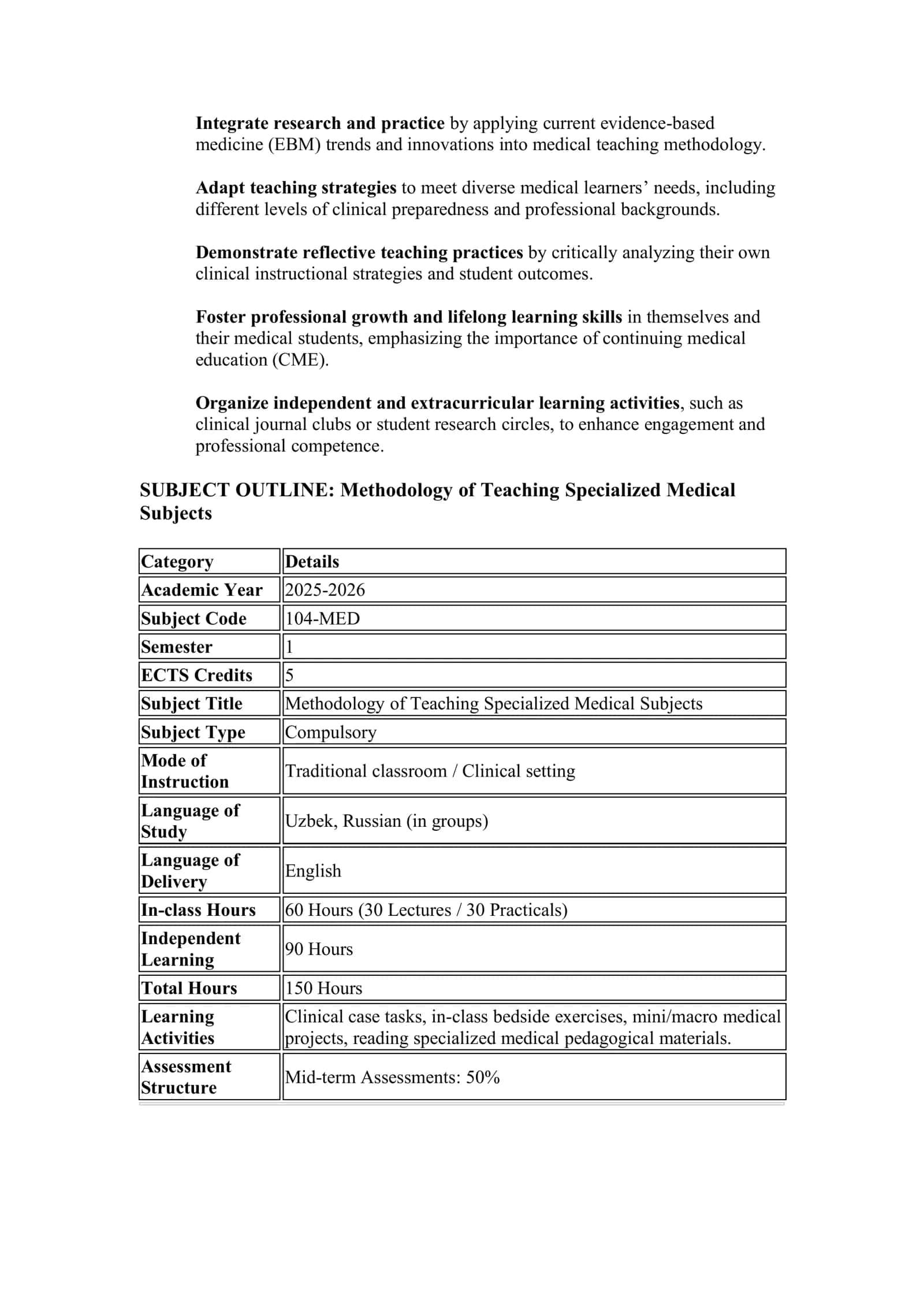 CURRICULUM ON METHODOLOGY OF TEACHING SPECIALIZED MEDICAL SUBJECTS 3