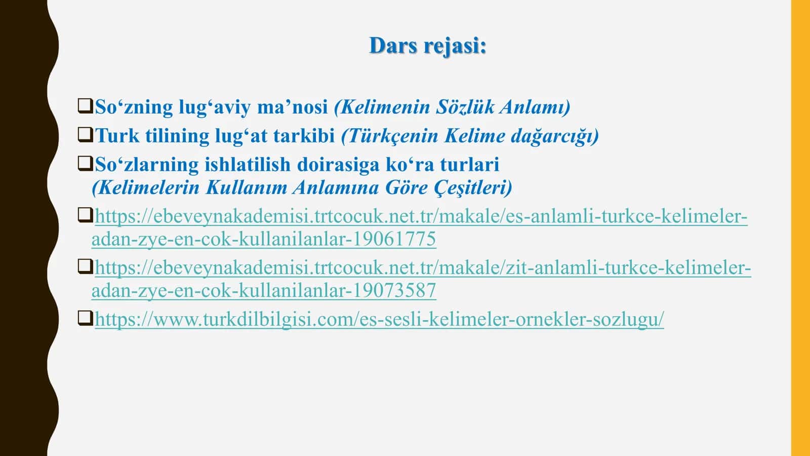 Turk tilining lug‘at tarkibi va lug‘aviy guruhlari va qatlamlari. Turk tilida frazeologik birliklar. Turk tilidaso‘zyasalishi 3