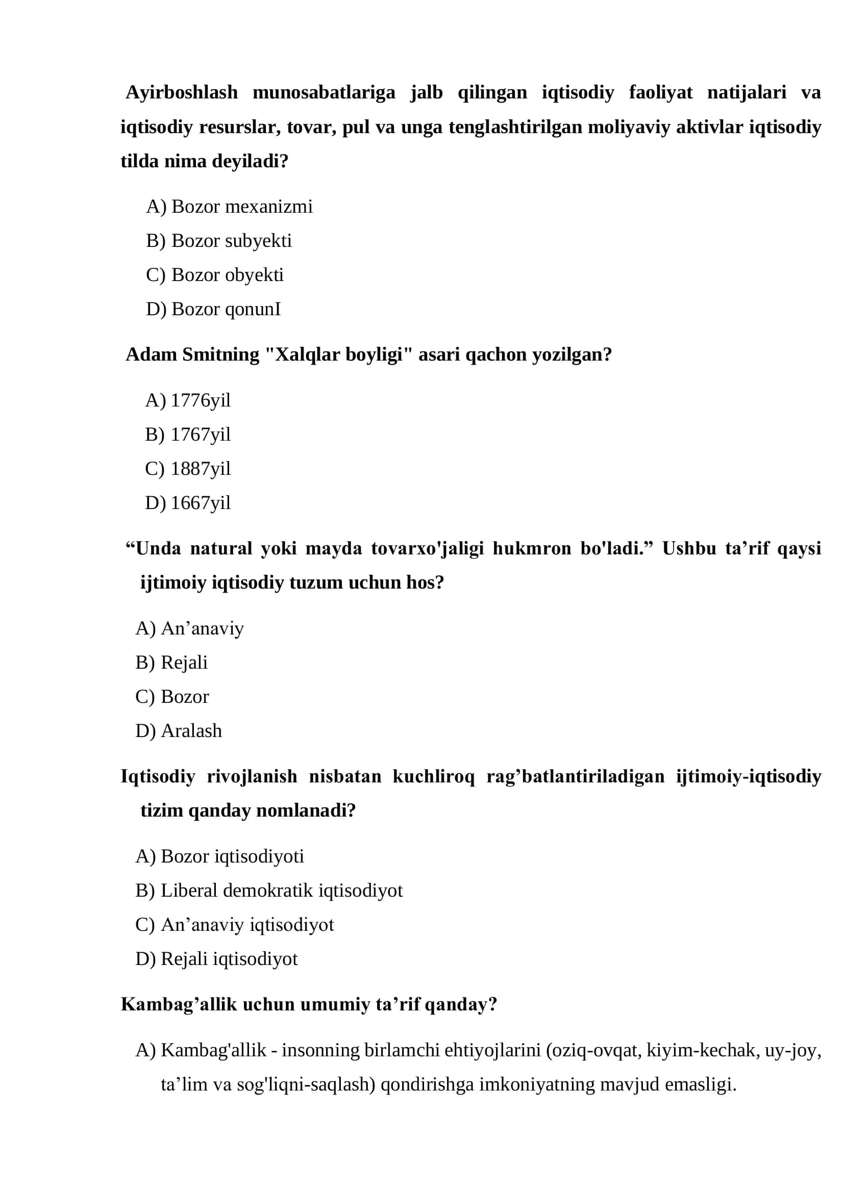 EKS-1-20 VA EKS-2-20 TALABALARI UCHUN YAKUNIY ATTESTATSIYA IMTIHONI UCHUN TAYYORLANGAN TEST SAVOLLARI 3