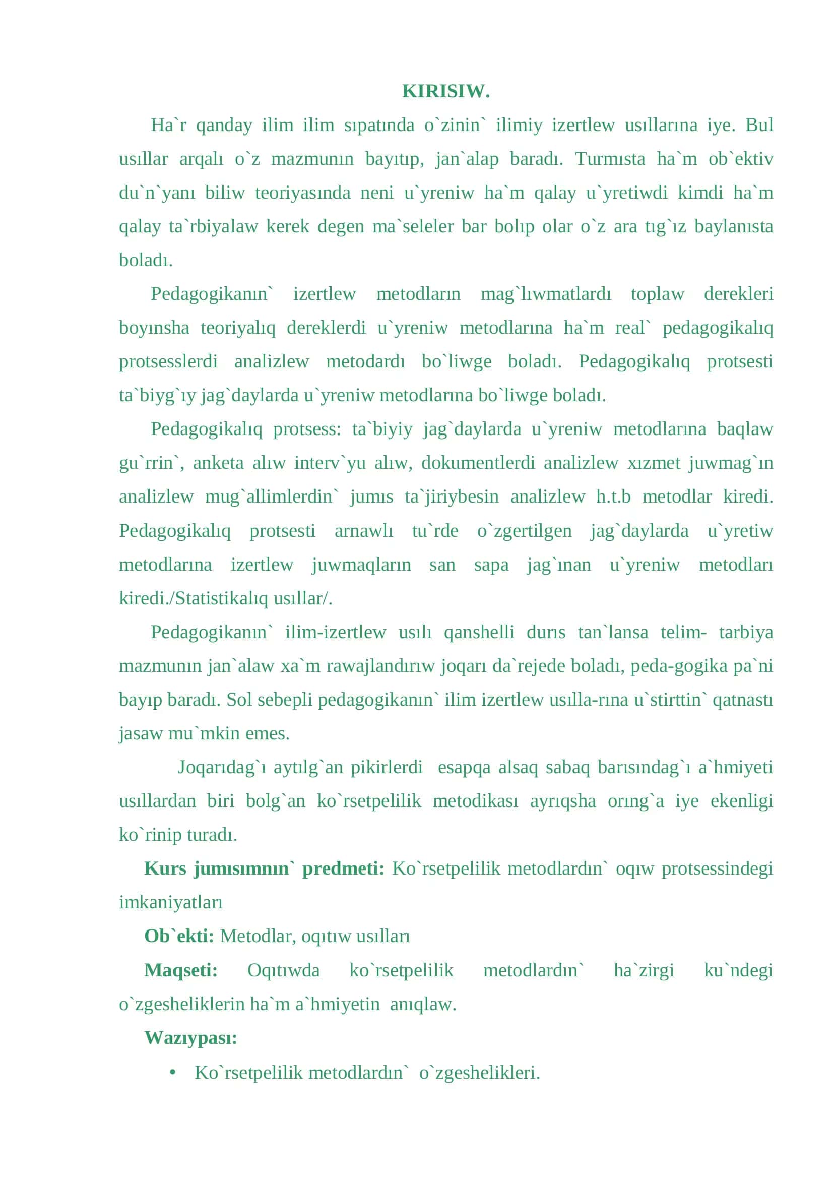 O`ZBEKSTAN RESPUBLĐKASI XALIQ BĐLĐMLENDĐRĐW MĐNĐSTRLĐGĐ A`JĐNĐYaZ ATINDAG`I NO`KĐS MA`MLEKETLĐK PEDAGOGĐKALIQ ĐNSTĐTUTI PEDAGOGĐKA FAKUL`TETĐ «Pedagogika ha`m psixologiya» bakalavr ta`lim bag`darı 3
