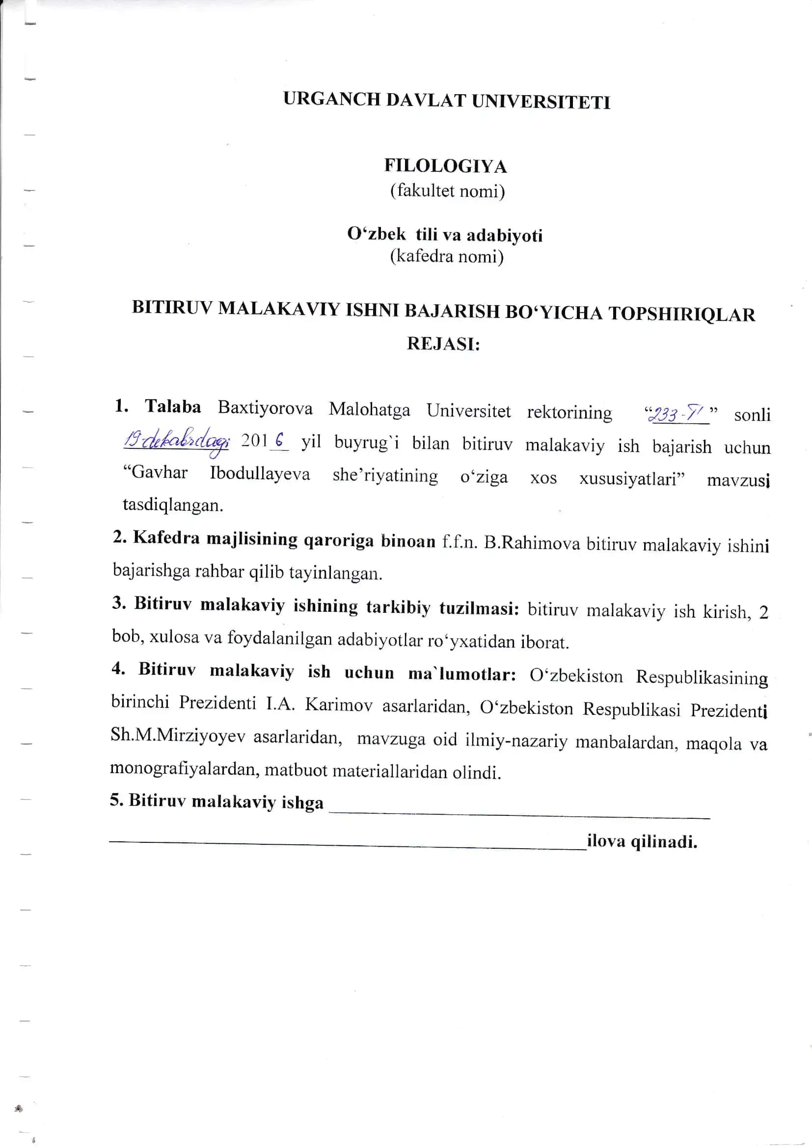 BAJARUV MALAKAVIY ISHNI KU'YICHA TOPSHIRIQLAR REJASI 3