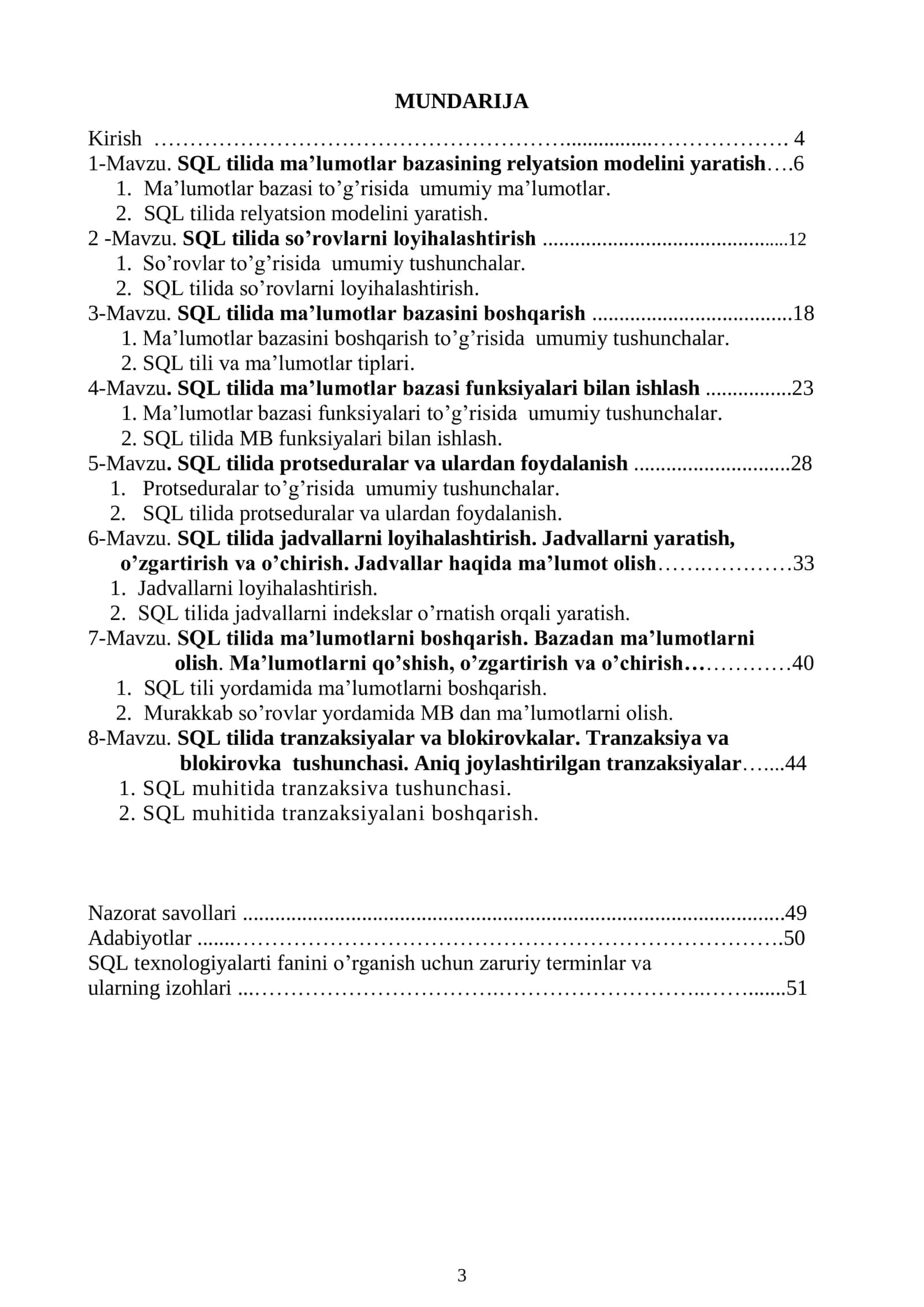 SQL texnologiyalari fanidan amaliyot mashgulotlarini ot’kazish uchun uslubiy kor’satma 3
