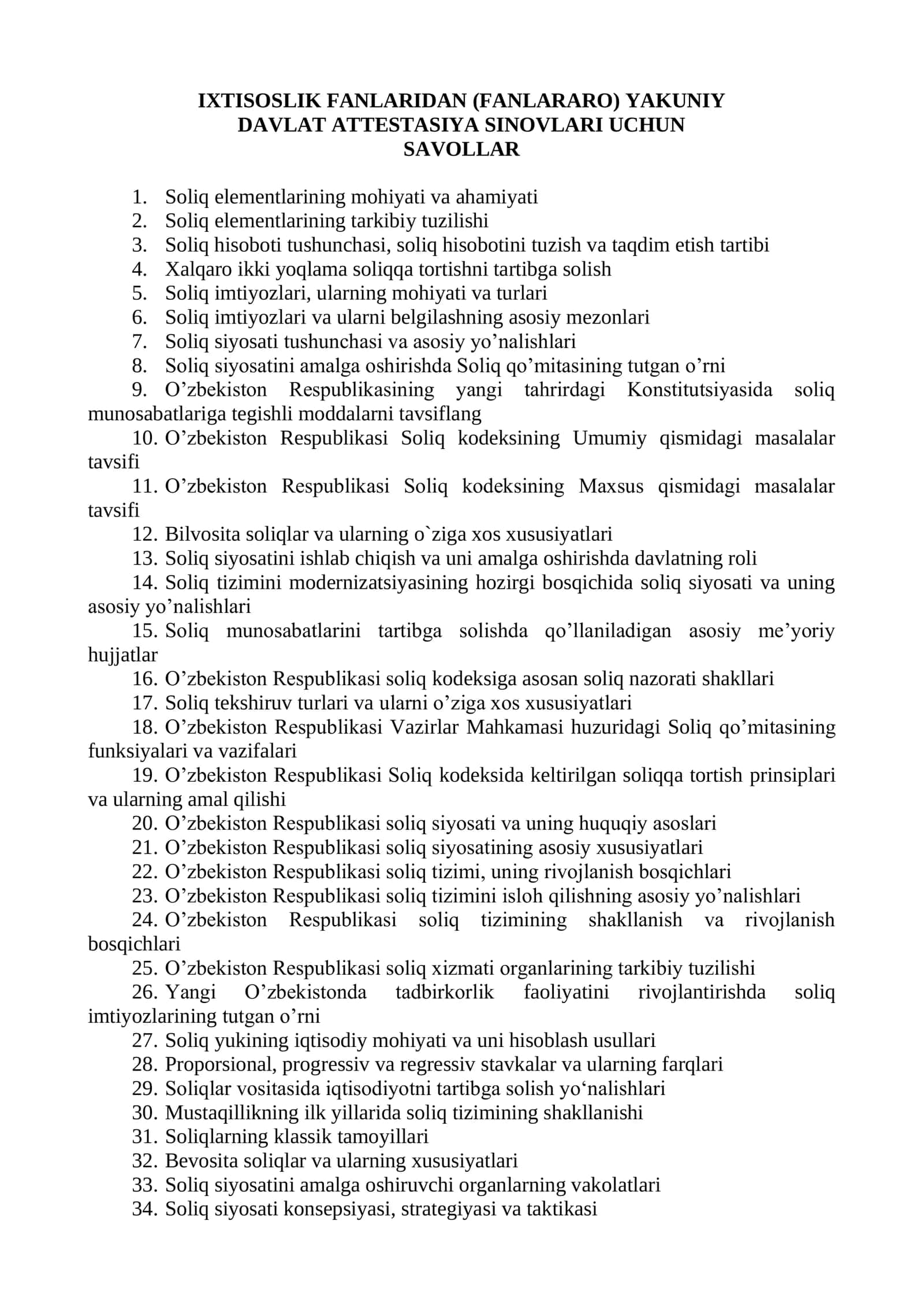 IXTISOSLIK FANLARIDAN (FANLARARO) YAKUNIY DAVLAT ATTESTASIYA SINOVLARI UCHUN SAVOLLAR 3