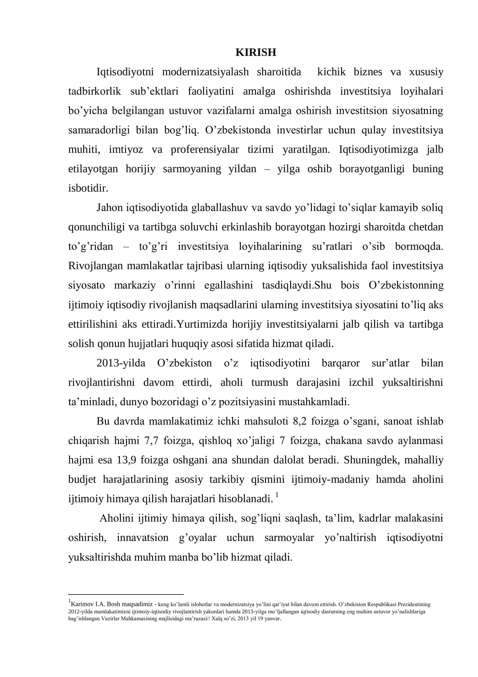 Iqtisodiyotni madernizatsiyalash sharoitida kichik biznes va xususiy tadbirkorlik sub’ektlarini qo’llab – quvvatlash bo’yicha investitsiya loyihalarini moliyalashtirishni takomillashtirish masalalari 3