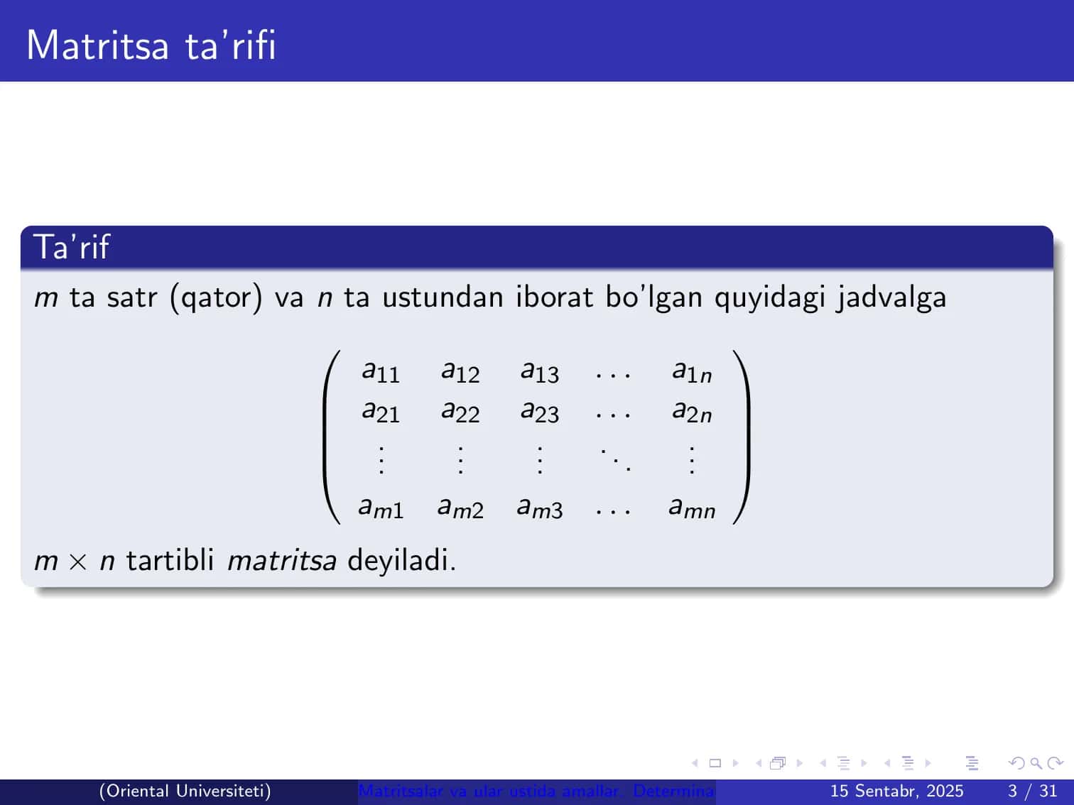 Matritsalar va ular ustida amallar. Determinantlar nazariyasi 3