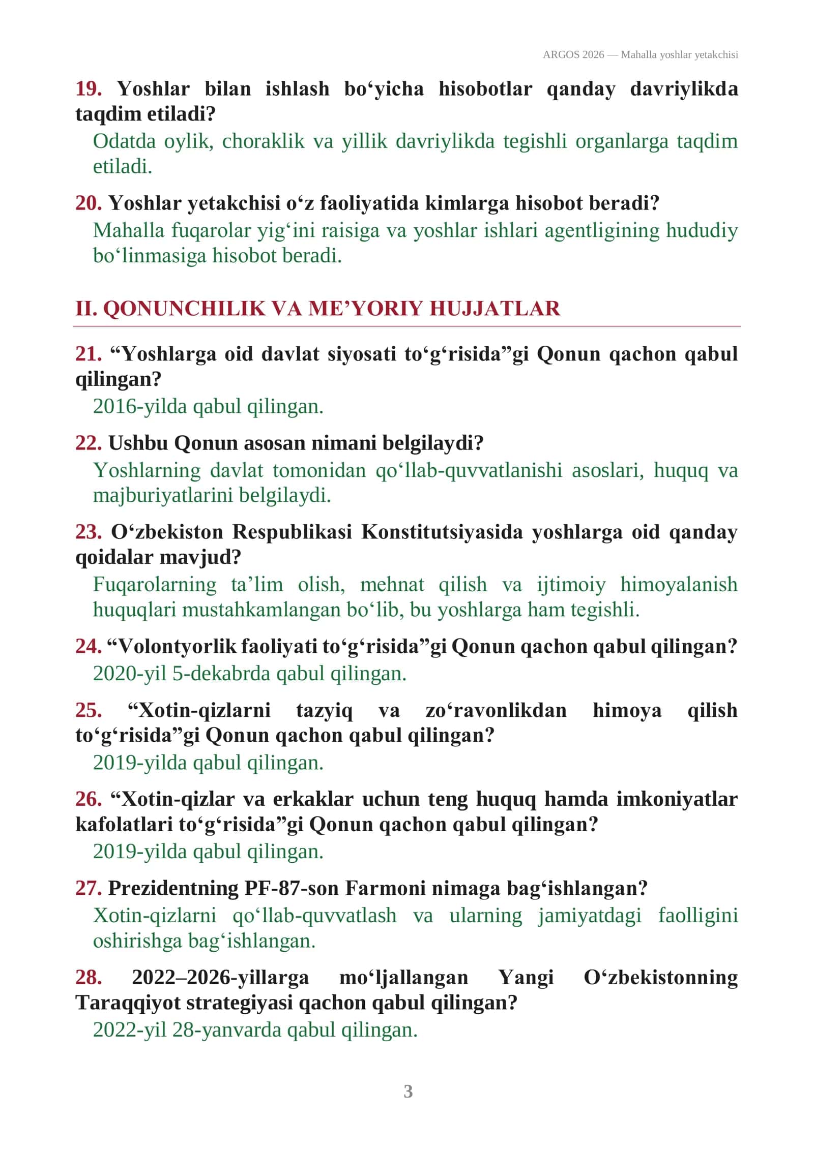 MAHALLA YOSHLAR YETAKCHISI SUHBAT SAVOLLARI VA JAVOBLARI 3