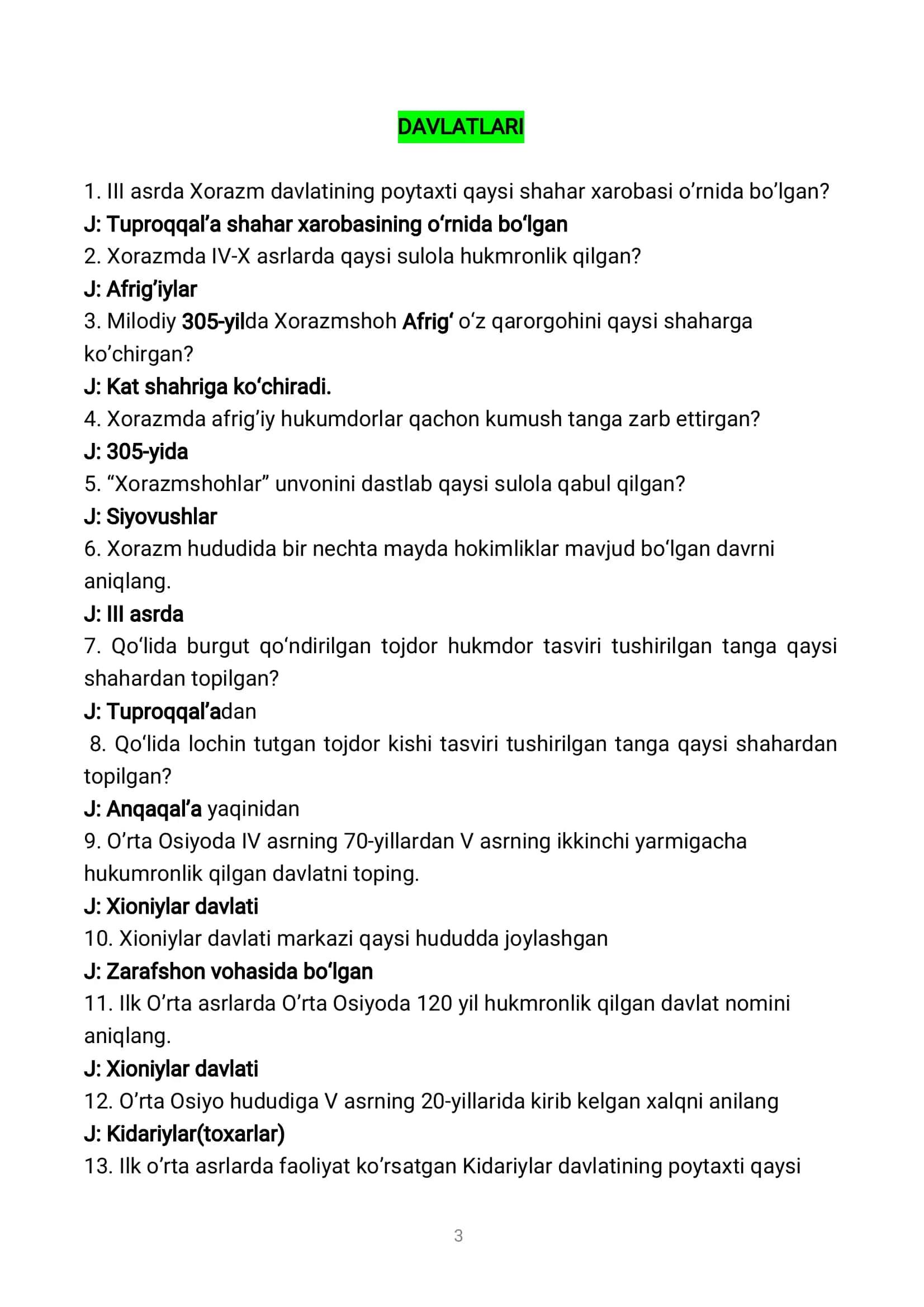 O’zbekiston Tarixi SAVOL-JAVOBLAR TO’PLAMI 3