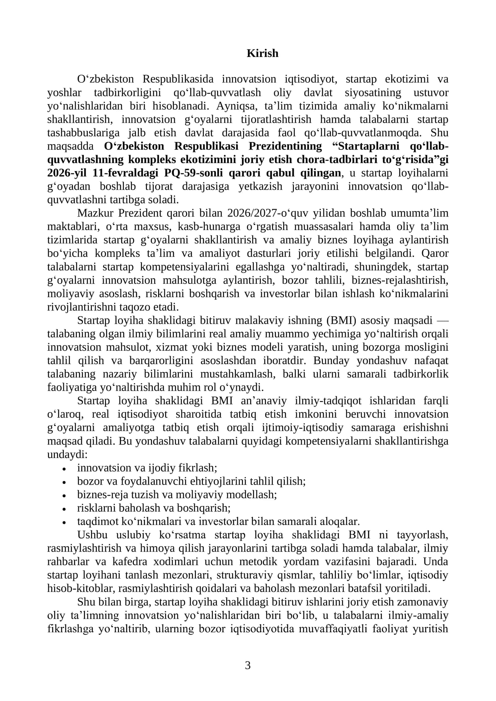 BITIRUV ISHLARINI BAJARISH BO‘YICHA USLUBIY QO‘LLANMA (Startap loyiha asosida) 3