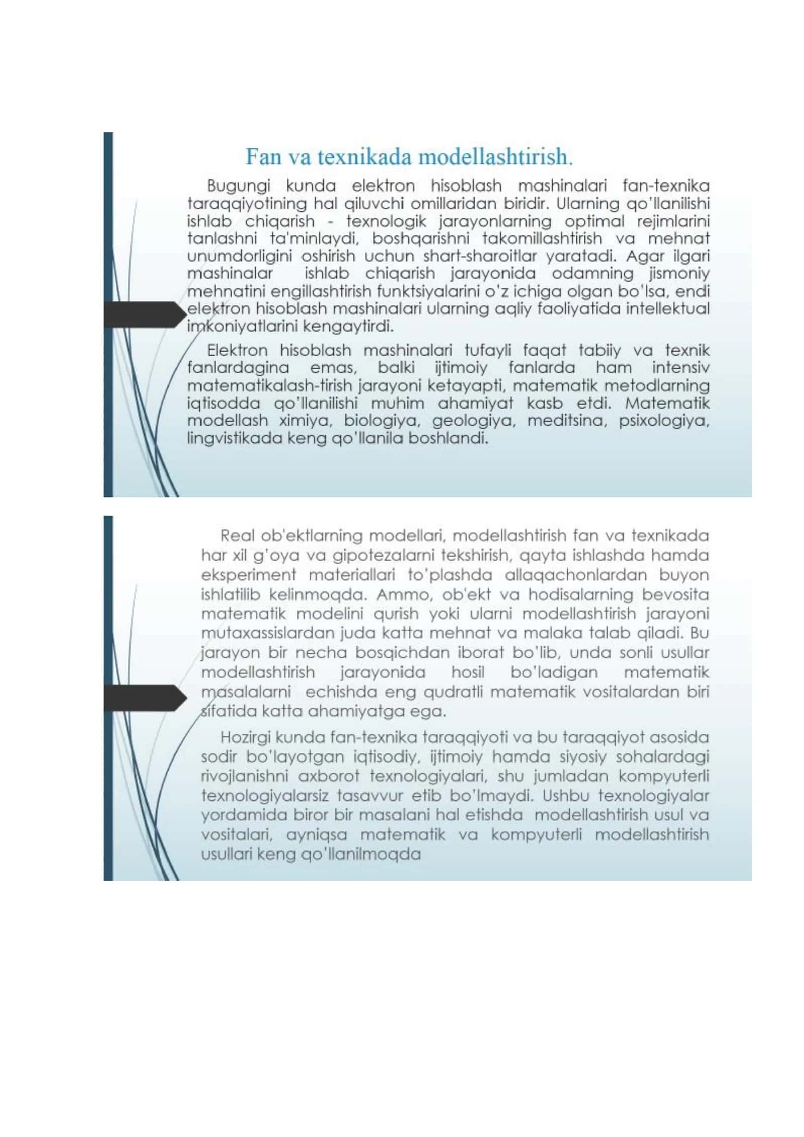 Model va modellashtirish tushunchalari. Masalani formallashtirish. Fan va texnikada modellashtirish. Model turlari. Modellarni tuzishning asosiy tamoyillari va hossalari. Masalarni yechishning axborot texnologiyasi haqida tushuncha. Amaliy masalalar va ularni modellashtirish 3