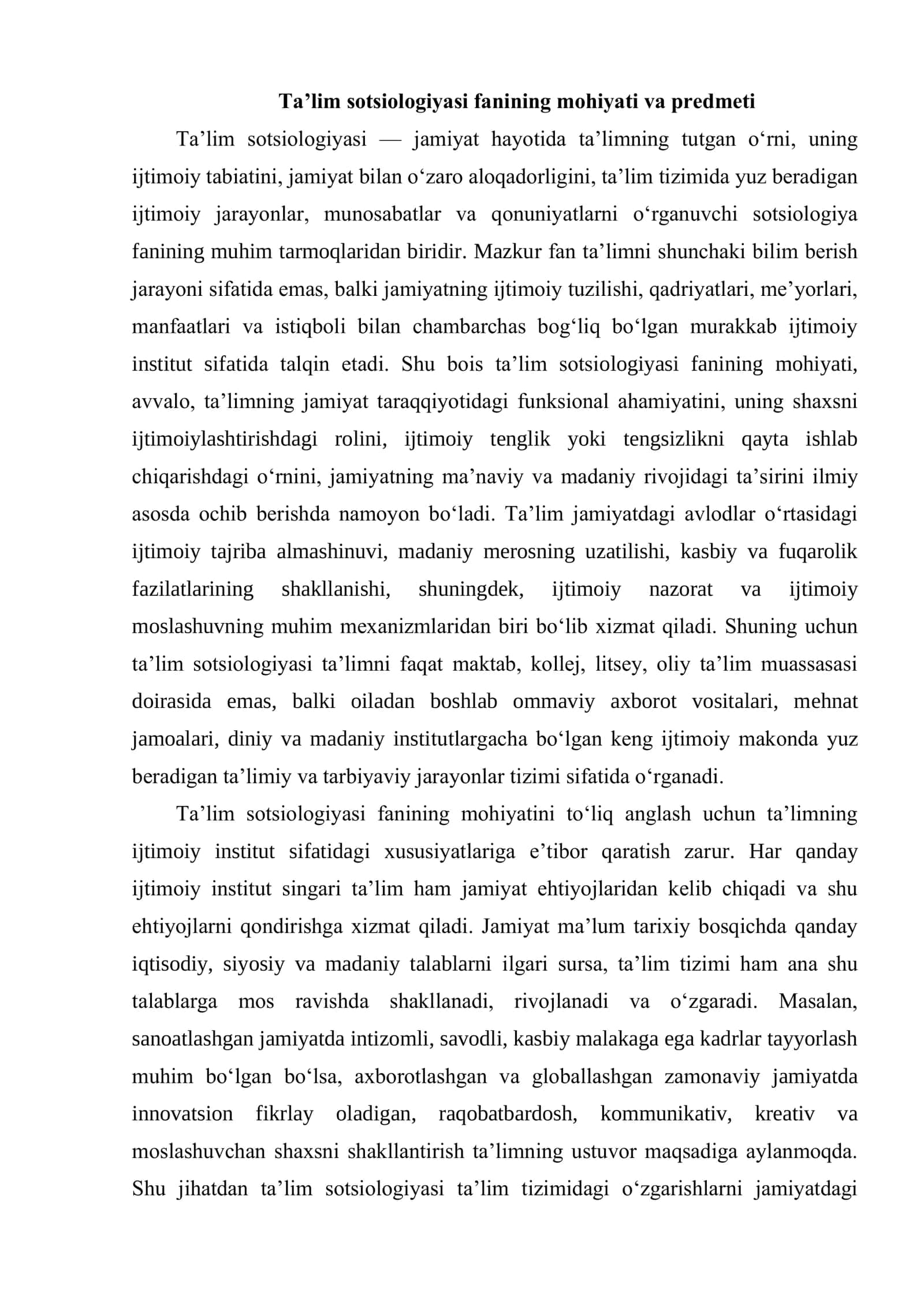 TA'LIM SOTSIOLOGIYASI FANINING PREDMETI VA VAZIFALARI 3
