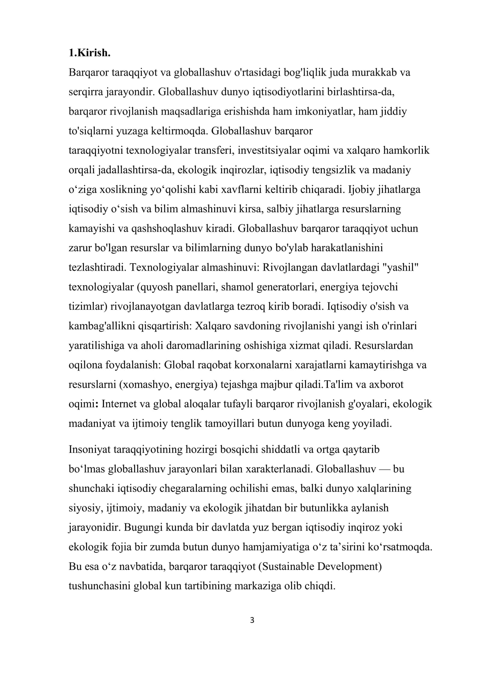 Barqaror taraqqiyotni ta'minlashda globallashuvning ijobiy va salbiy yo'nalishlari 3