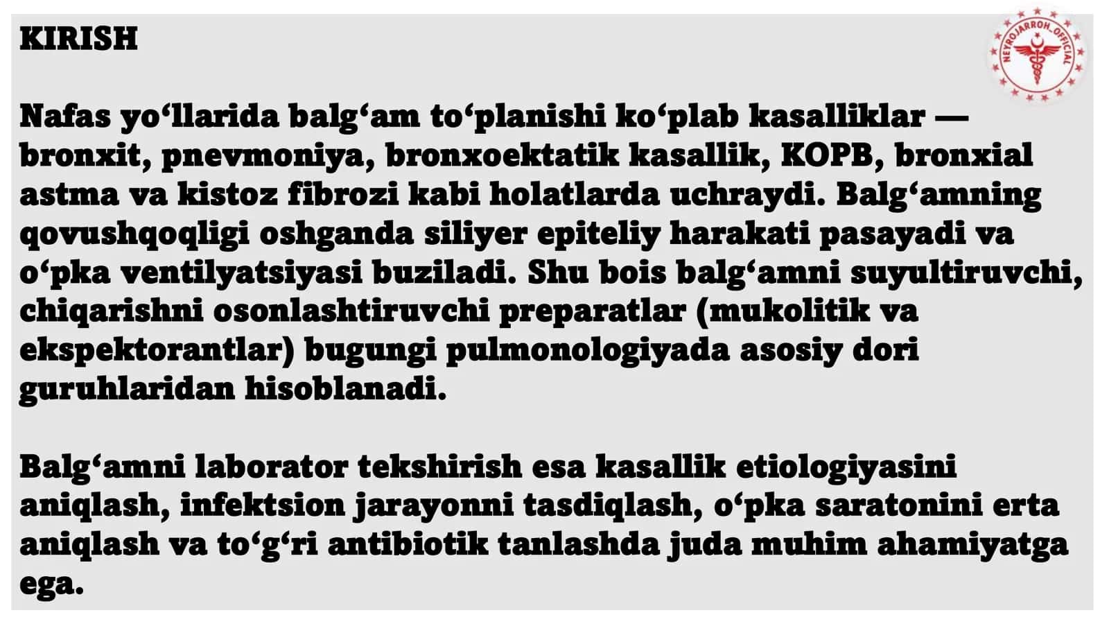 Balg‘am ko‘chiruvchi zamonaviy dori vositalari. Balg‘amni laborator va mikroskopik tekshirish uslublari 3