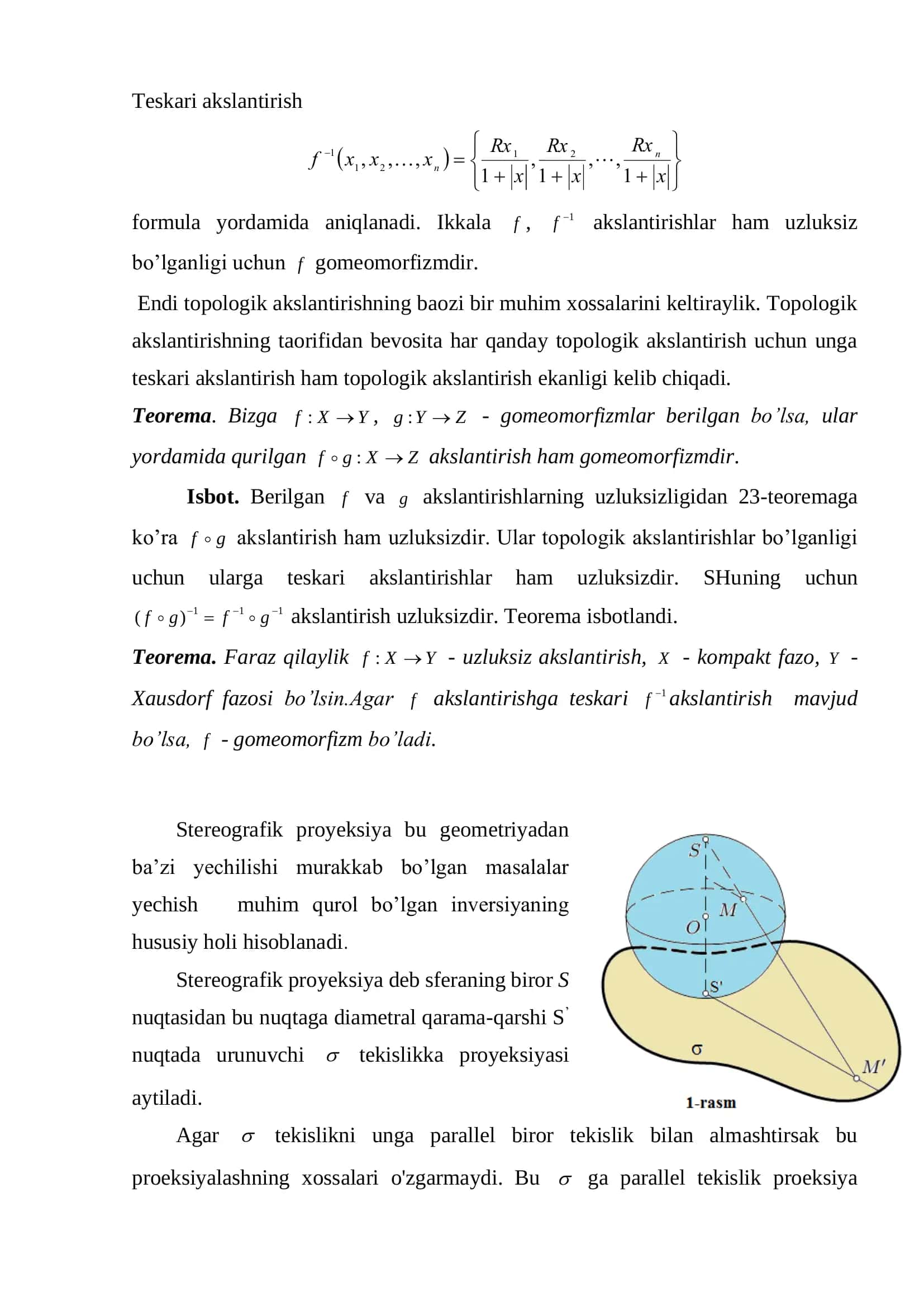 Topologik akslantirishlar, misollar. Stereografik proyeksiya 3