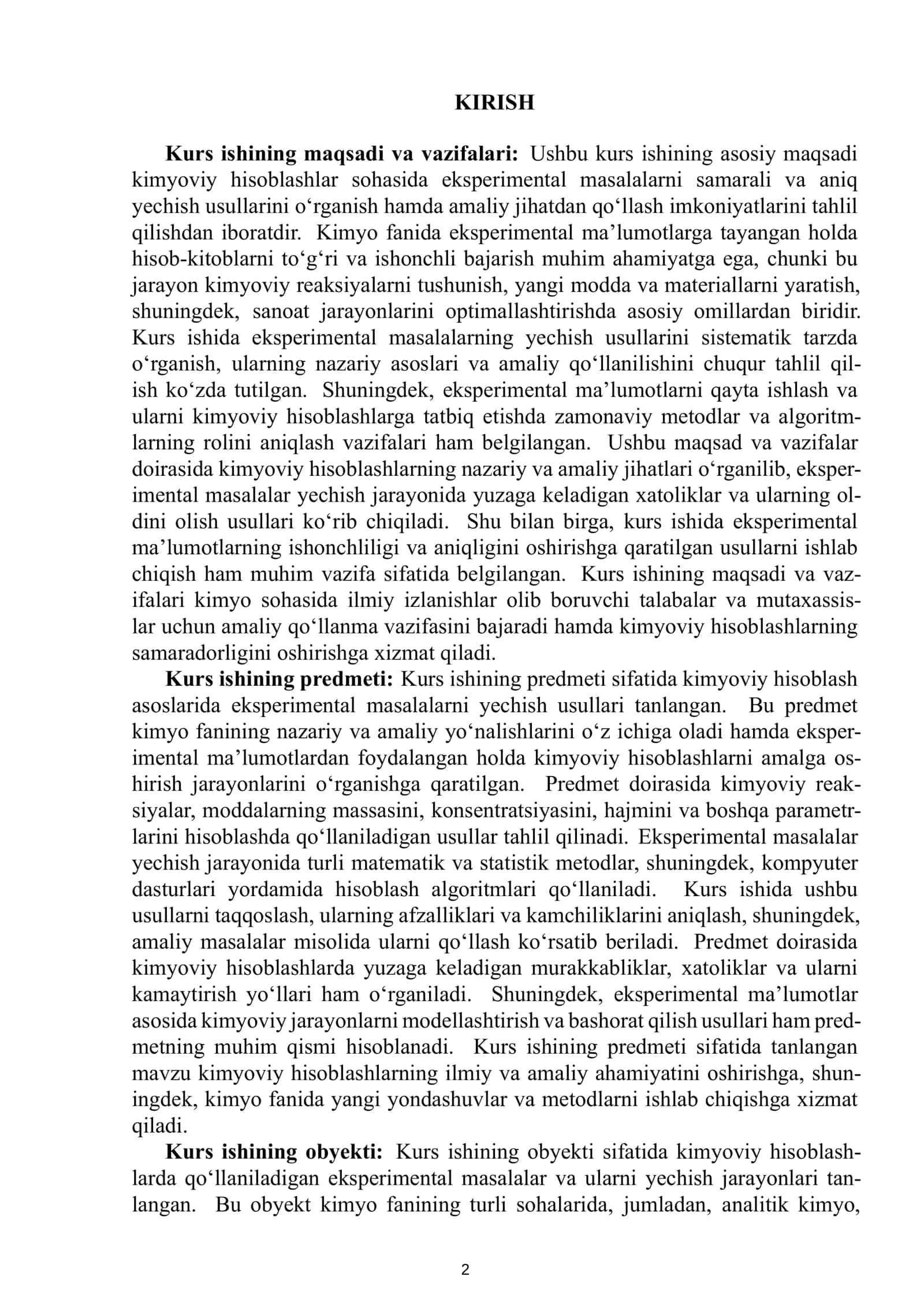 KIMYOVIY HISOBLASH ASOSLARI FANIDAN TAYYORLAGAN KURS ISHI 3