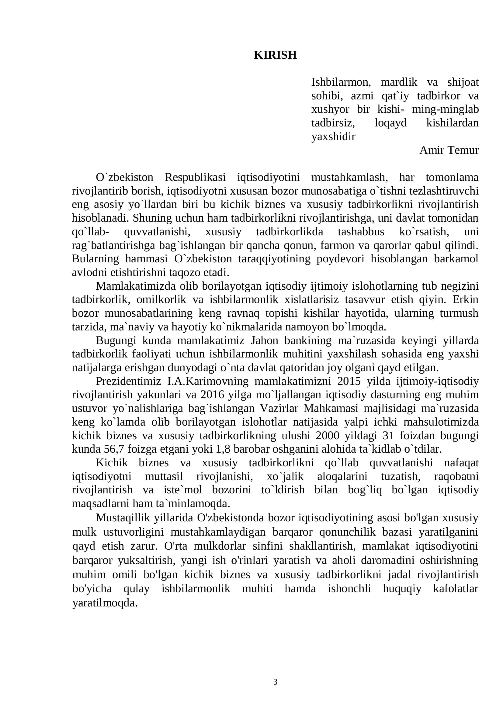 O`zbekistonda kichik biznes va xususiy tadbirkorlikni rivojlantirishning ustuvor yo`nalishlari 3