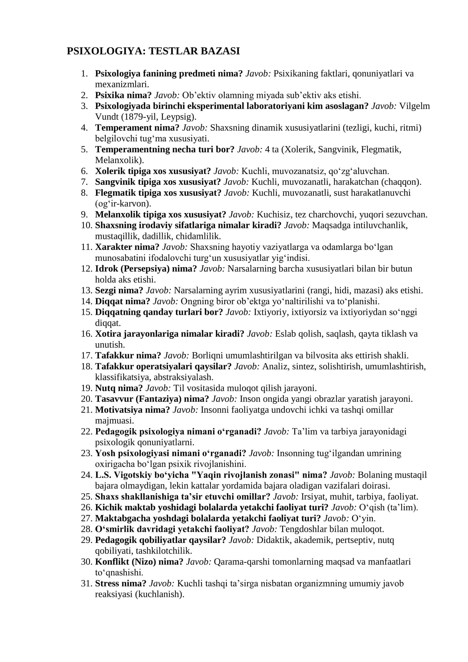 PSIXOLOGIYA: ATTESTATSIYA VA MALAKA TOIFASI IMTIHONLARI UCHUN MUKAMMAL TEST-JAVOBLAR TO‘PLAMI (2026) 3