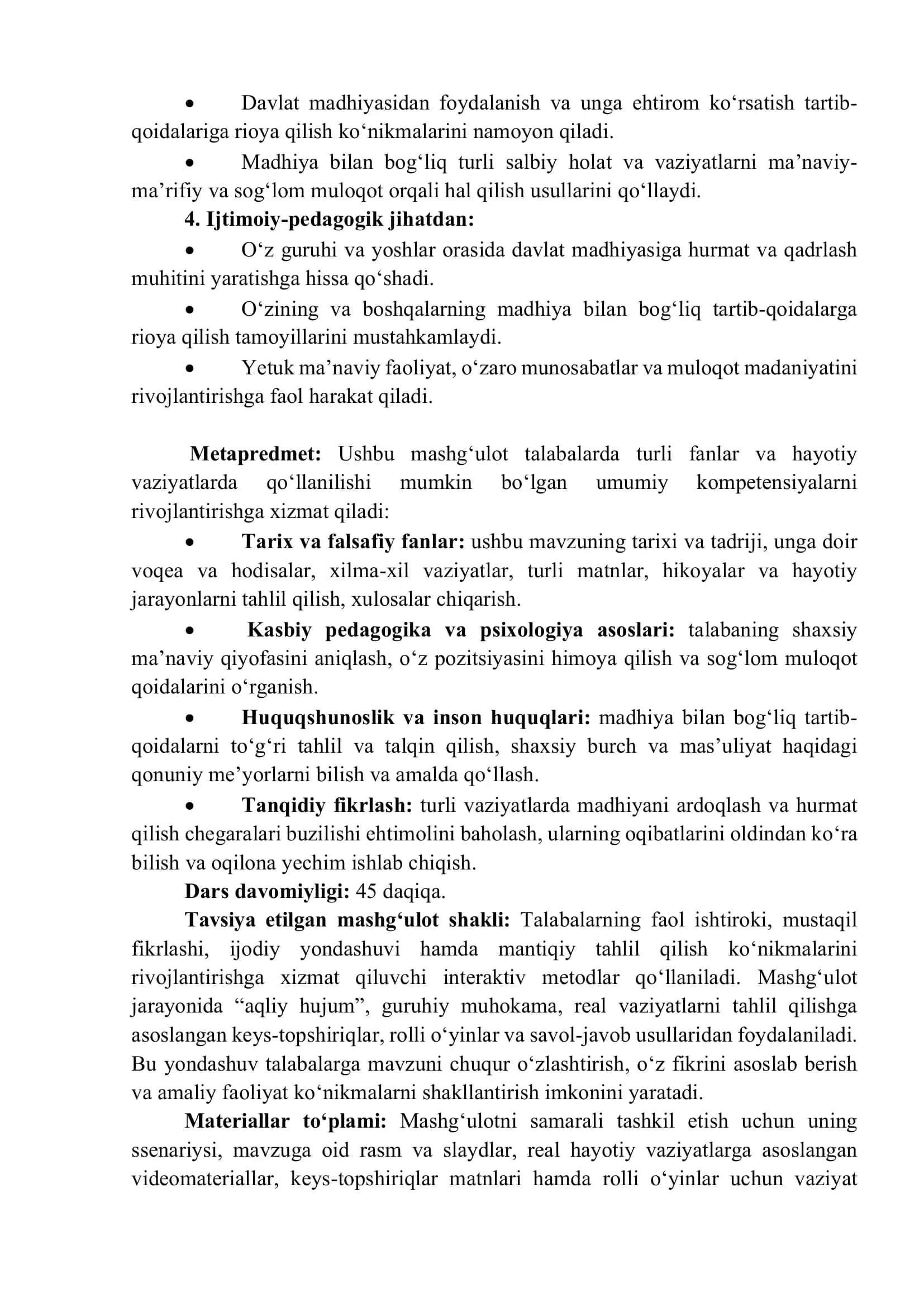 OLIY O‘QUV YURTI TALABALARI UCHUN “KELAJAK SOATI” DARSINING SSENARIYSI 3