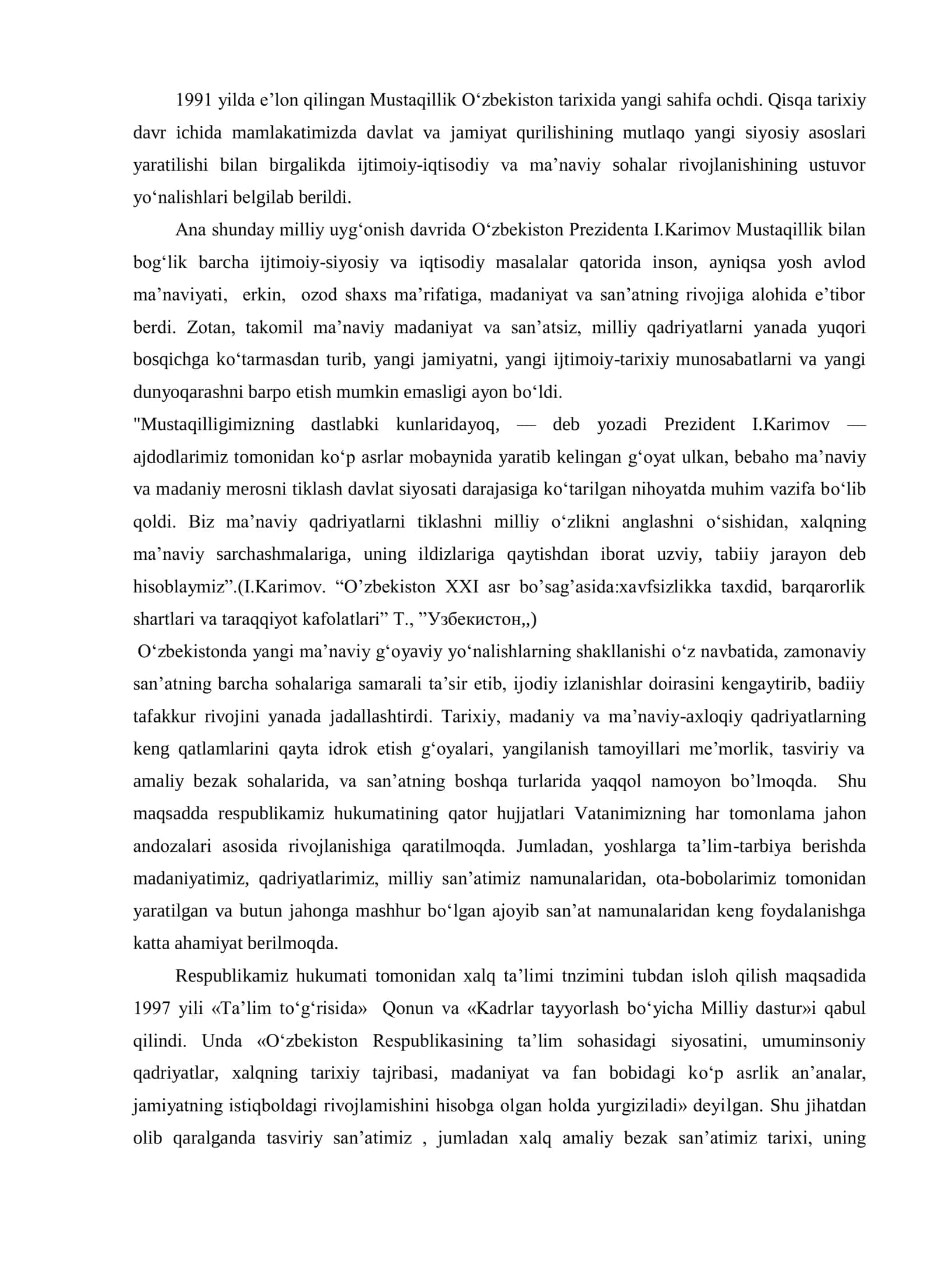 MUSTAQILLIK YILLARIDA O’ZBEK XALQ AMALIY BEZAK SAN’ATINING RIVOJLANISHI KURS ISHI 3