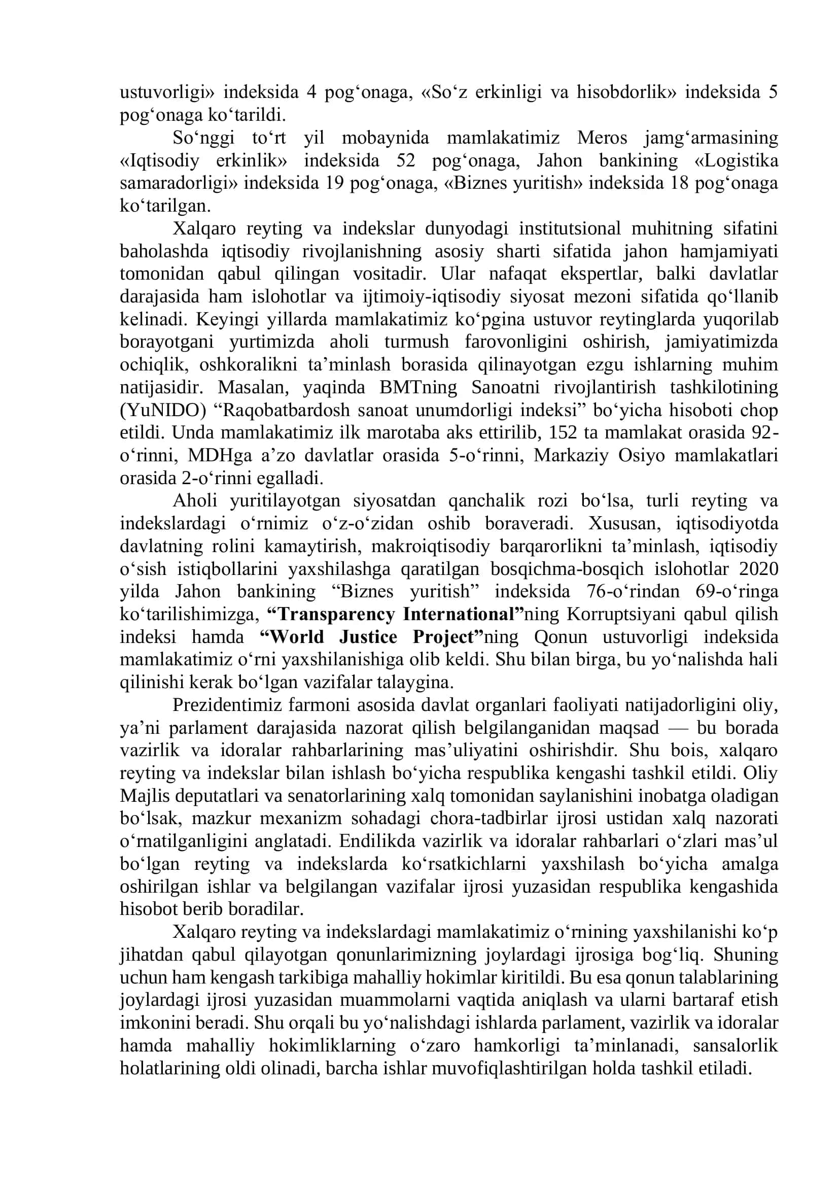 Yangi O‘zbekiston ijtimoiy-siyosiy, iqtisodiy va madaniy hayotida roʻy berayotgan oʻzgarishlarning xalqaro reyting va indekslarda aks etishi 3