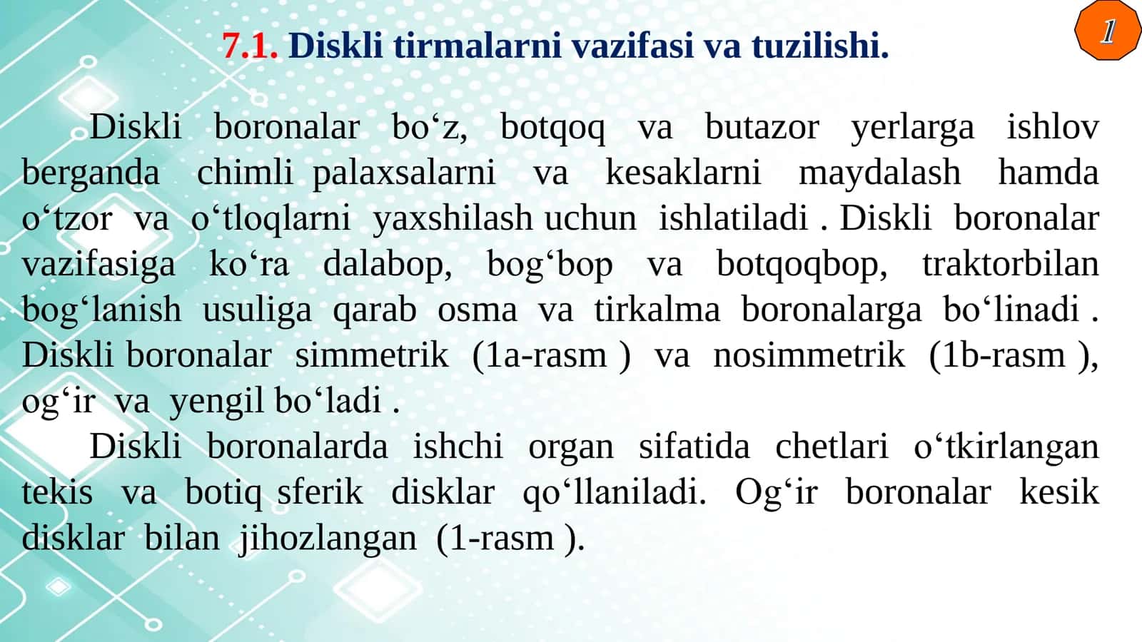 Diskli tirmalarni tuzilishi, texnologik ish jarayoni, ularning ishiga qo‘yiladigan agrotexnik talablar 3