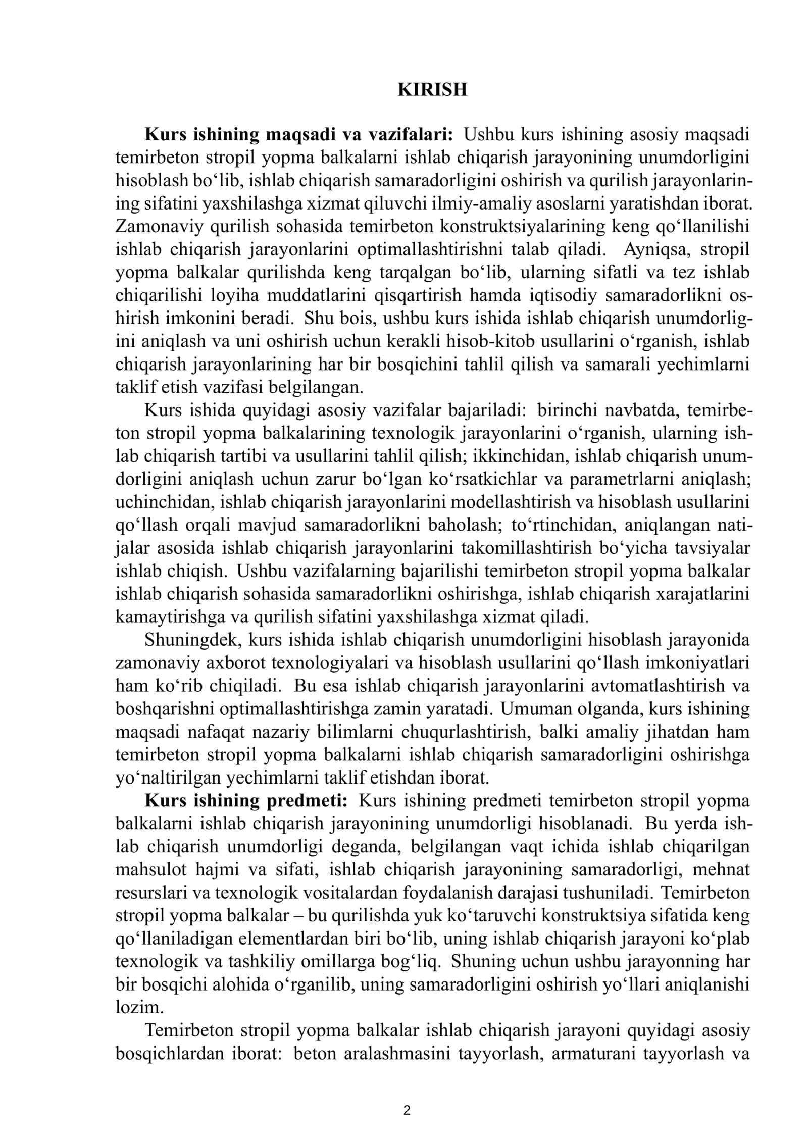 Temirbeton stropil yopma balkalarni ishlab chiqarish unumdorligini hisoblash 3